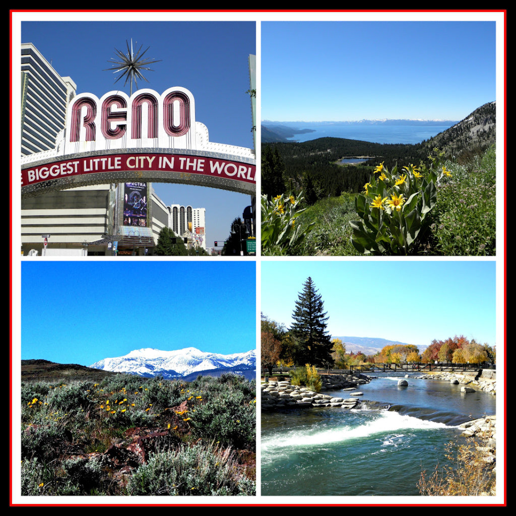 A collage of 4 images: Reno Arch; Galena Falls Trail; Mt. Rose and the Truckee River