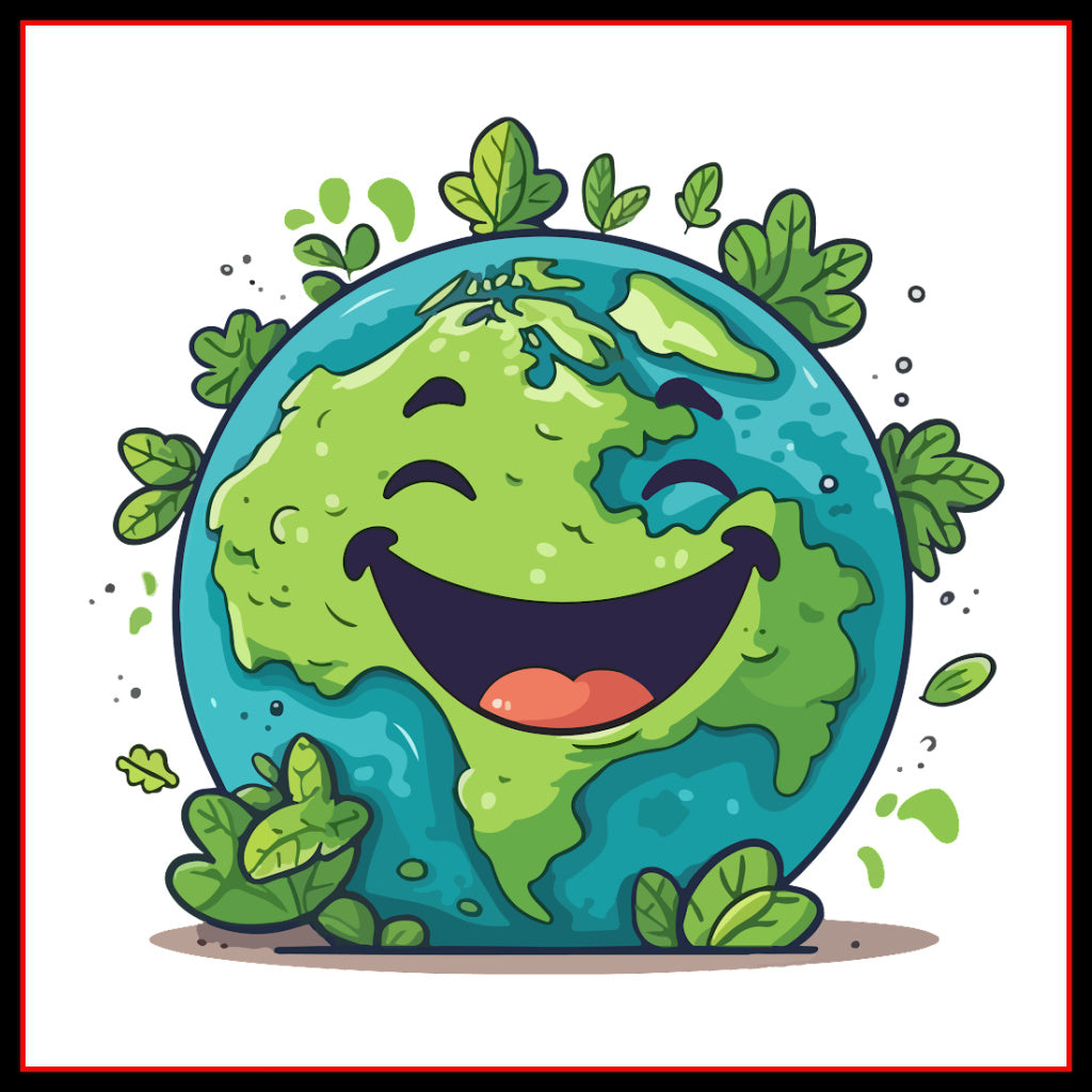 Cartoon of a earth with a happy smile surrounded by green plants