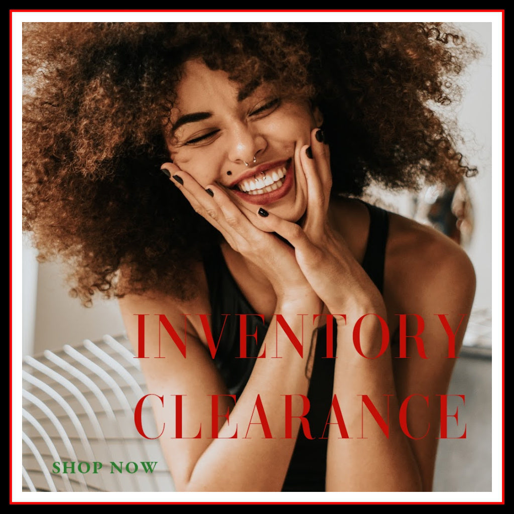 Photo of a happy, smiling, woman with printed red text which reads: INVENTORY CLEARANCE and small green text, which reads: Shop Now