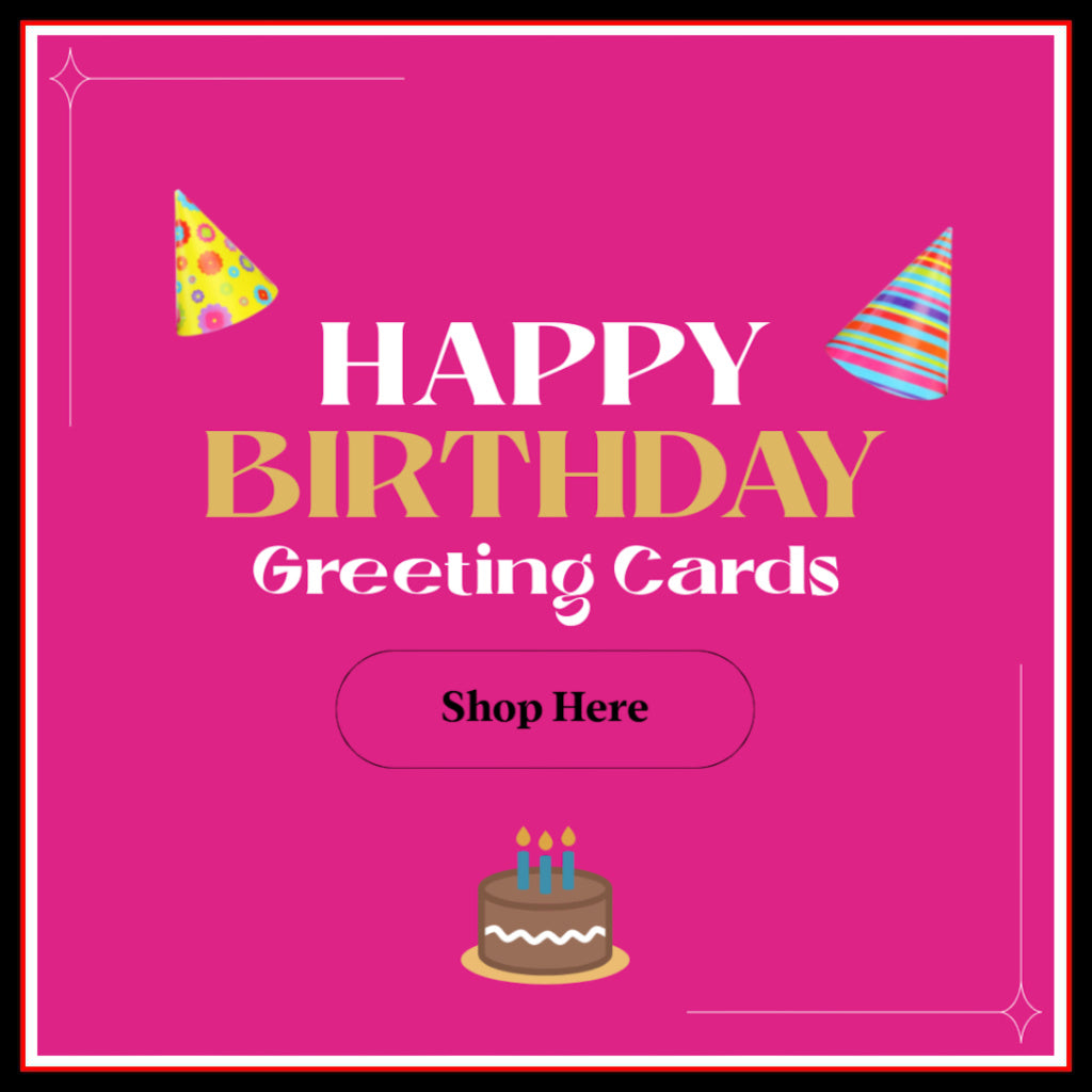 Cover art for the Birthday Cards collection with party hats, a birthday cake and text which reads: Happy Birthday Greeting Cards and Shop Here