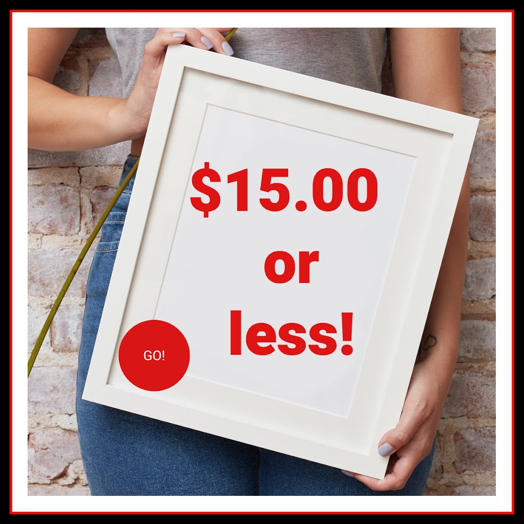 Photo of a framed picture with red text t hat reads: "$15.00 or less!" and a red dot with white test which reads "Go"