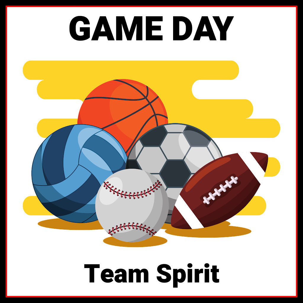 Illustration of various sports-related balls such as basketball, football, soccer and baseball plus text "Game Day" and "Team Spirit"