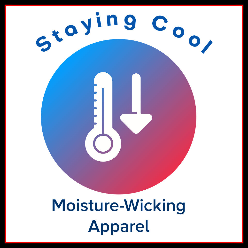Illustration of thermometer with arrow pointing down and text which reads: "Staying Cool" and "Moisture-Wicking Apparel"