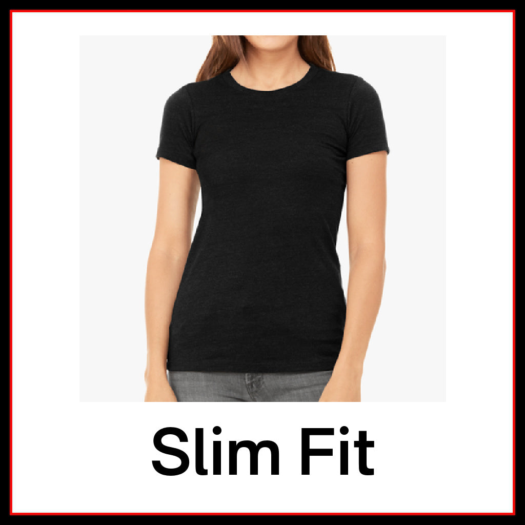 Photo of a woman wearing a Black t-shirt and text which reads "Slim Fit"