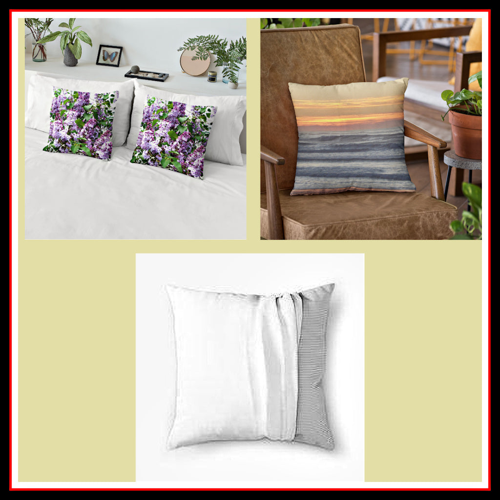 A collage of throw pillows created with custom 'cushion covers' together with an illustration of how the cushion cover fits on a square pillow.