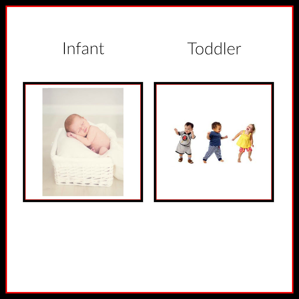 Photo or a sleeping "Infant" and 3 "Toddlers" with text above each photo as a title