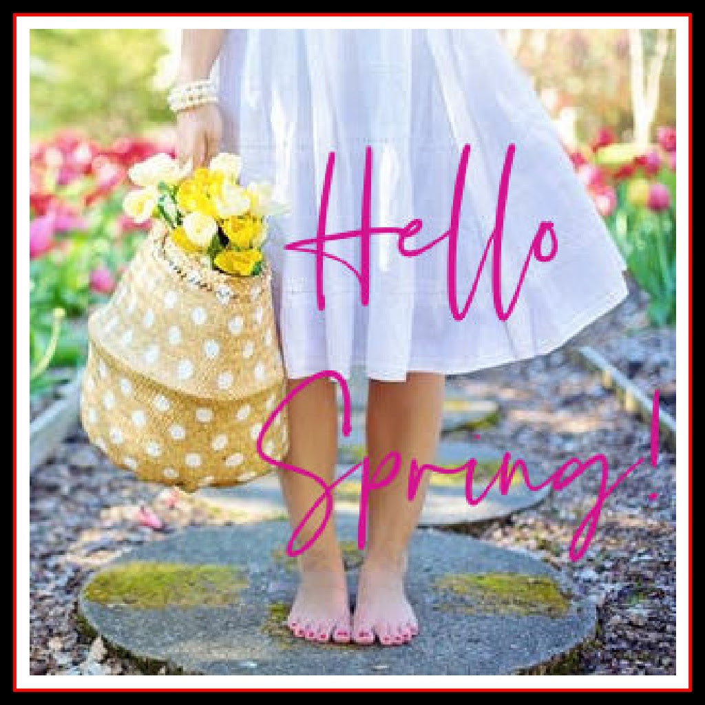 Photo of a barefoot woman in a white dress with pink text which reads: Hello Spring
