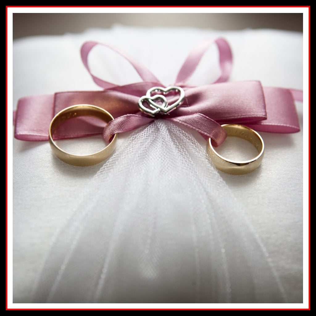 Photo of two rings tied with a pink bow on top of a white pillow
