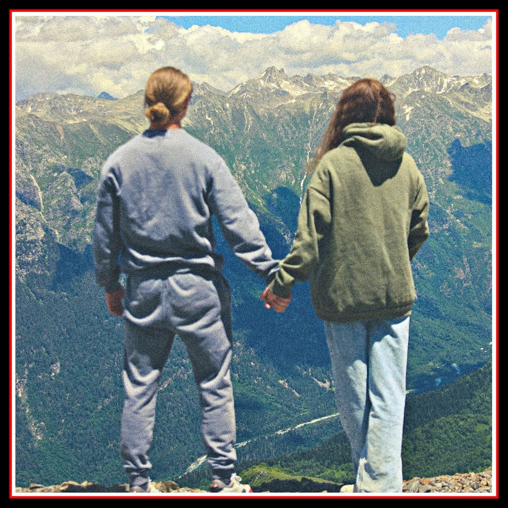 Man wearing sweatshirt and woman wearing hoodie holding hands looking at mountains in the distance