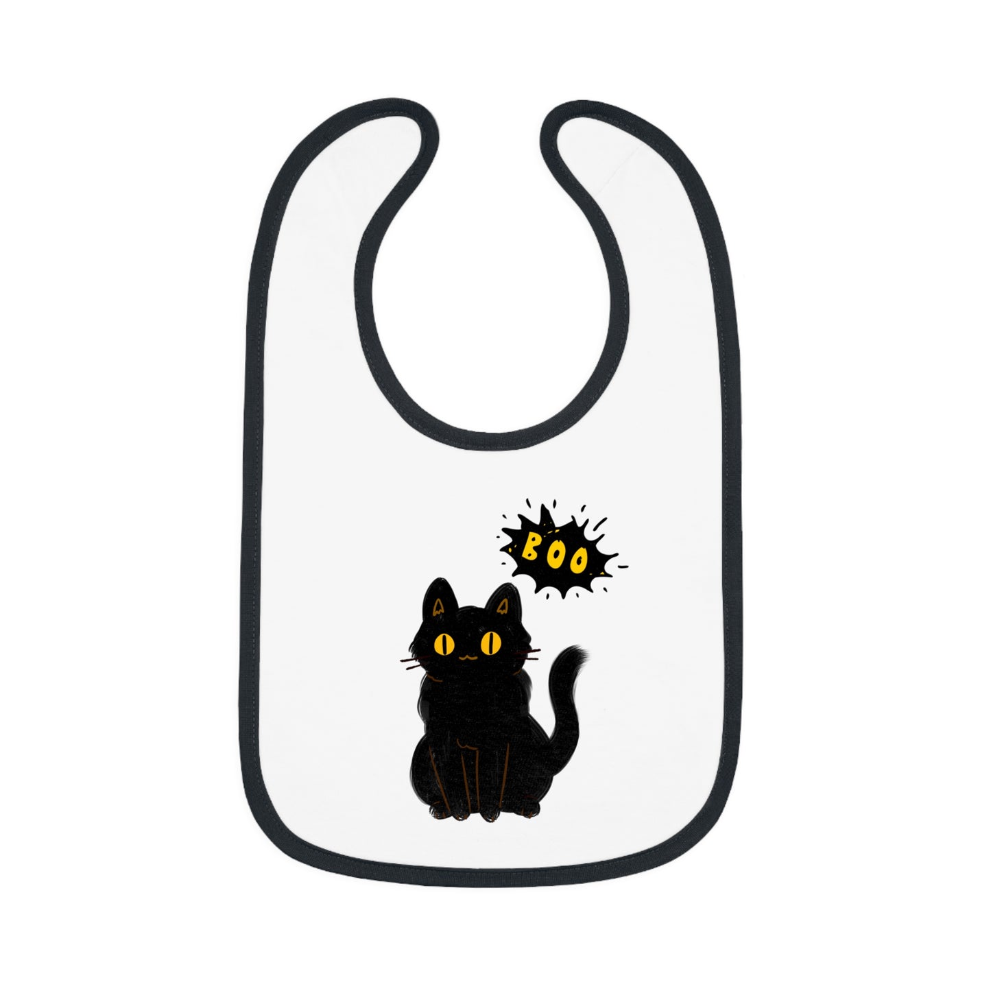 The Printify Halloween Cat Baby Bib: Cotton | Spooky Cute | Babyware features a black cat illustration with "Boo" in yellow comic text—perfect as an adorable Halloween baby gift.