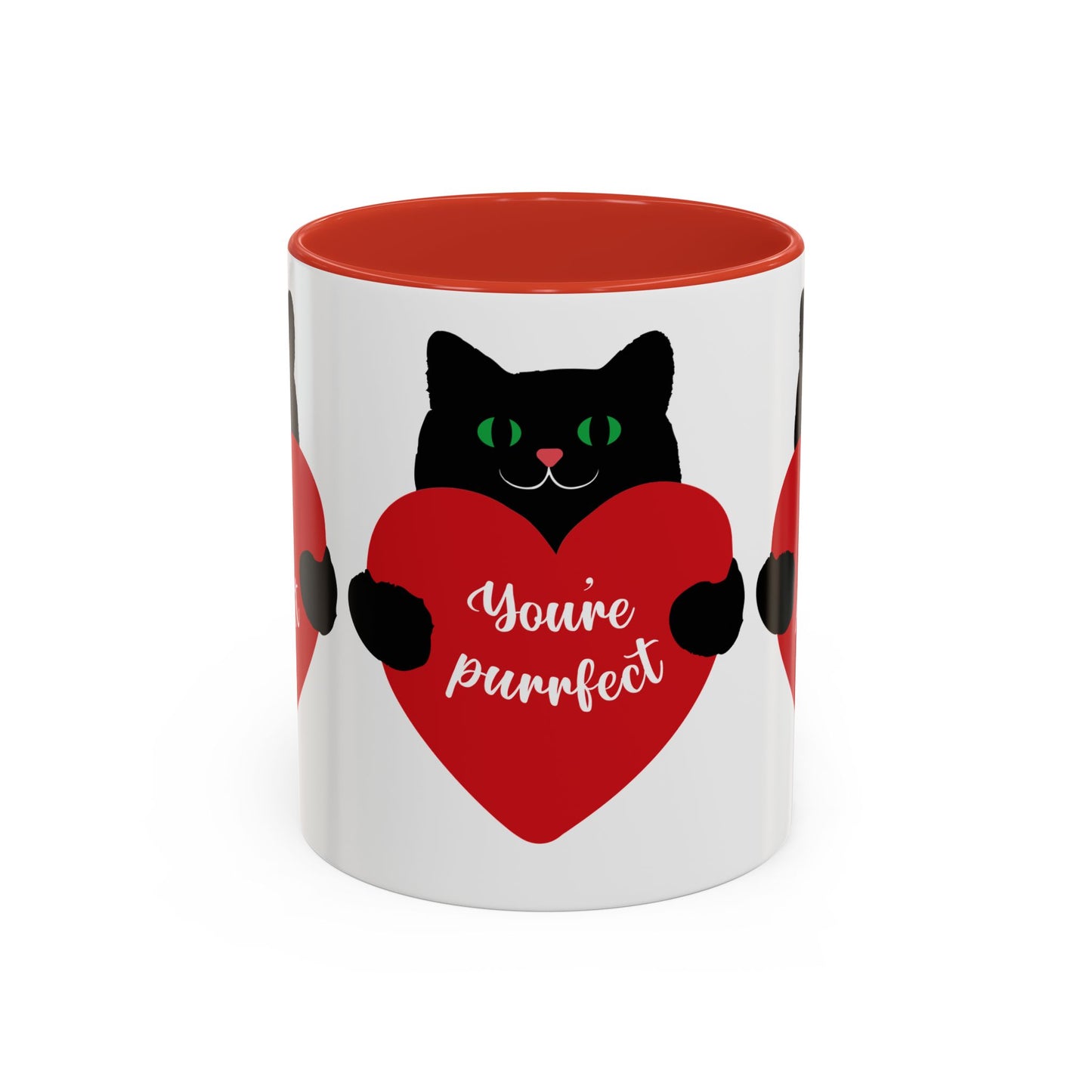 Printify's Purrfect Love Cat-Mug, available in two colors and sizes, is a charming ceramic mug featuring a black cat with a red heart that says "You're purrfect." A perfect gift for cat lovers, it blends cute design with heartfelt sentiment.