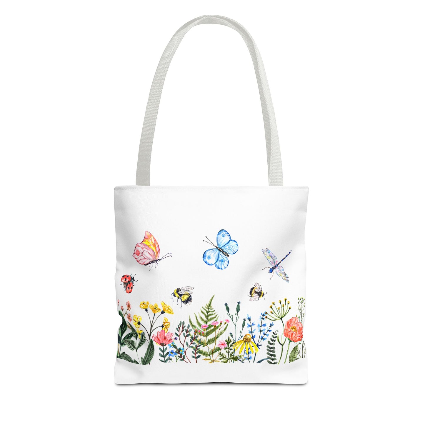 Printify's Spring Garden Tote Bag features colorful butterflies, a dragonfly, bees, a ladybug, and various plants and flowers in polyester with a 2-sided print. Ideal for outdoor activities in three sizes.