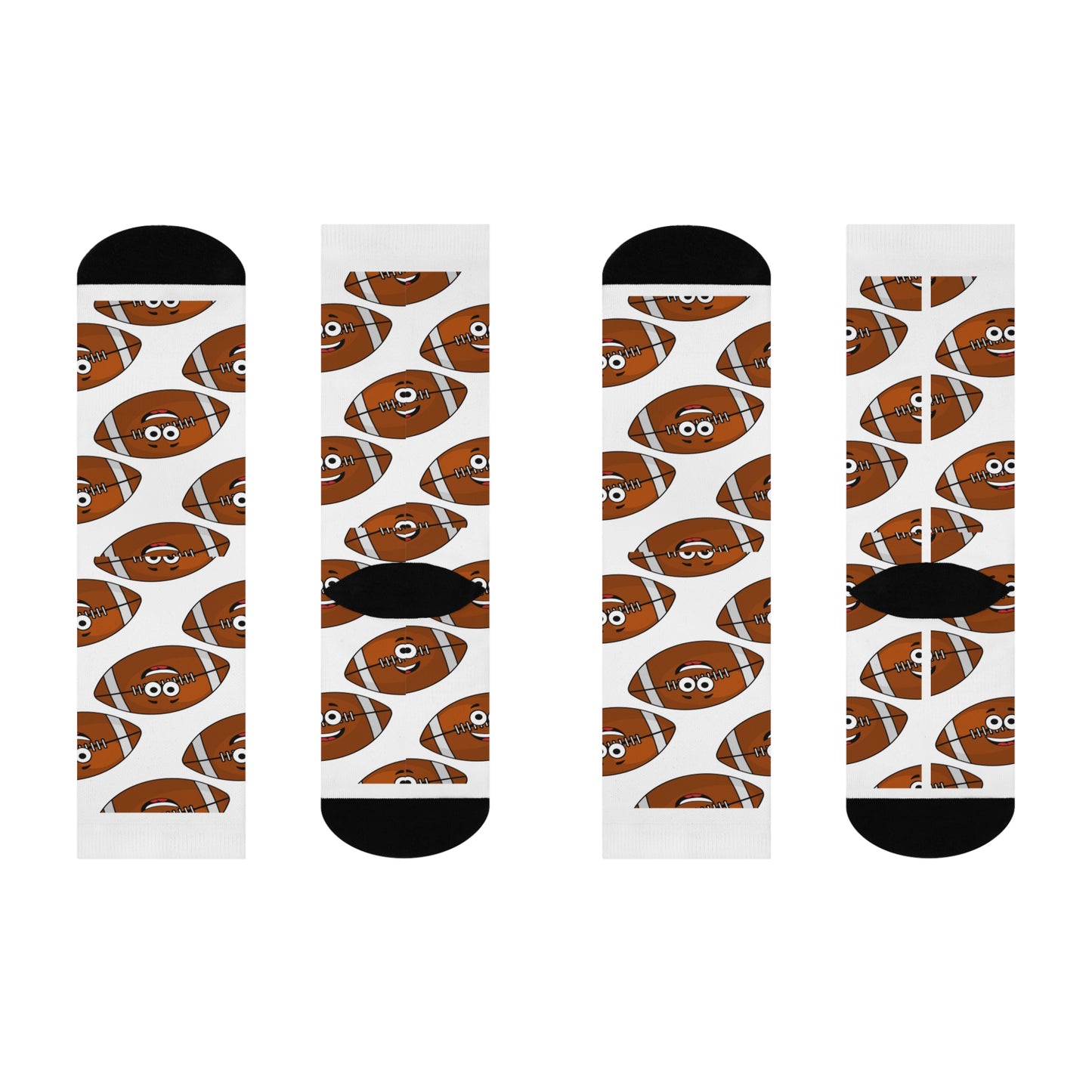 These cushioned crew socks by Printify feature a playful design of cartoon footballs with googly eyes, offering the perfect blend of comfort and humor for any football enthusiast. The set includes four white socks with black toes and heels, making these "Funny-Football Cushioned Crew-Socks: Unisex; Game Day Gift" an ideal choice to brighten up any casual outfit.