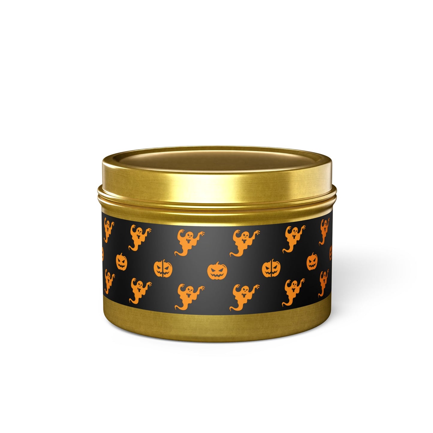 This 4 oz. Halloween Tin Candle by Printify features a gold tin with a black band adorned with orange ghost and pumpkin designs, crafted from coconut soy wax to fill your space with delightful seasonal scents.
