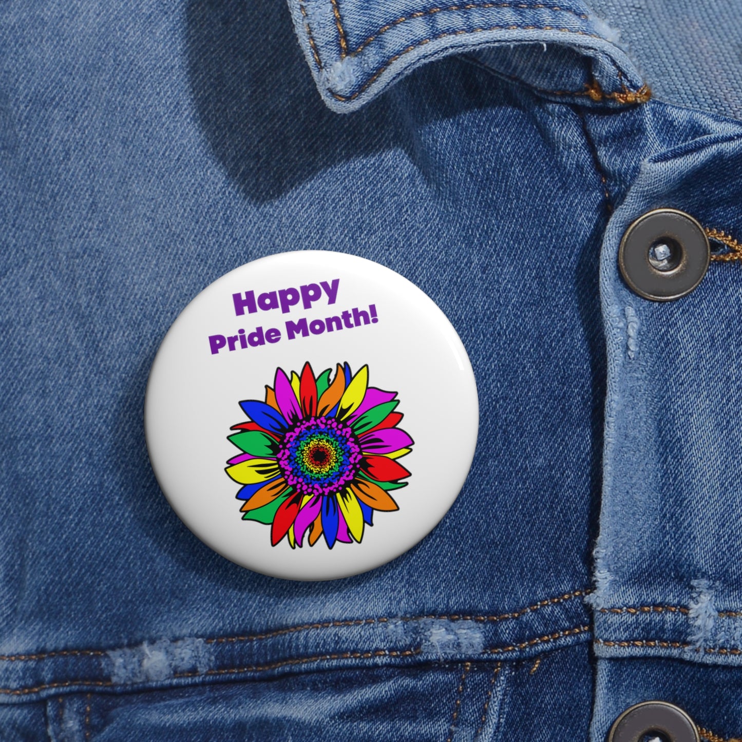Mock up of the 2.25" button on a denim shirt