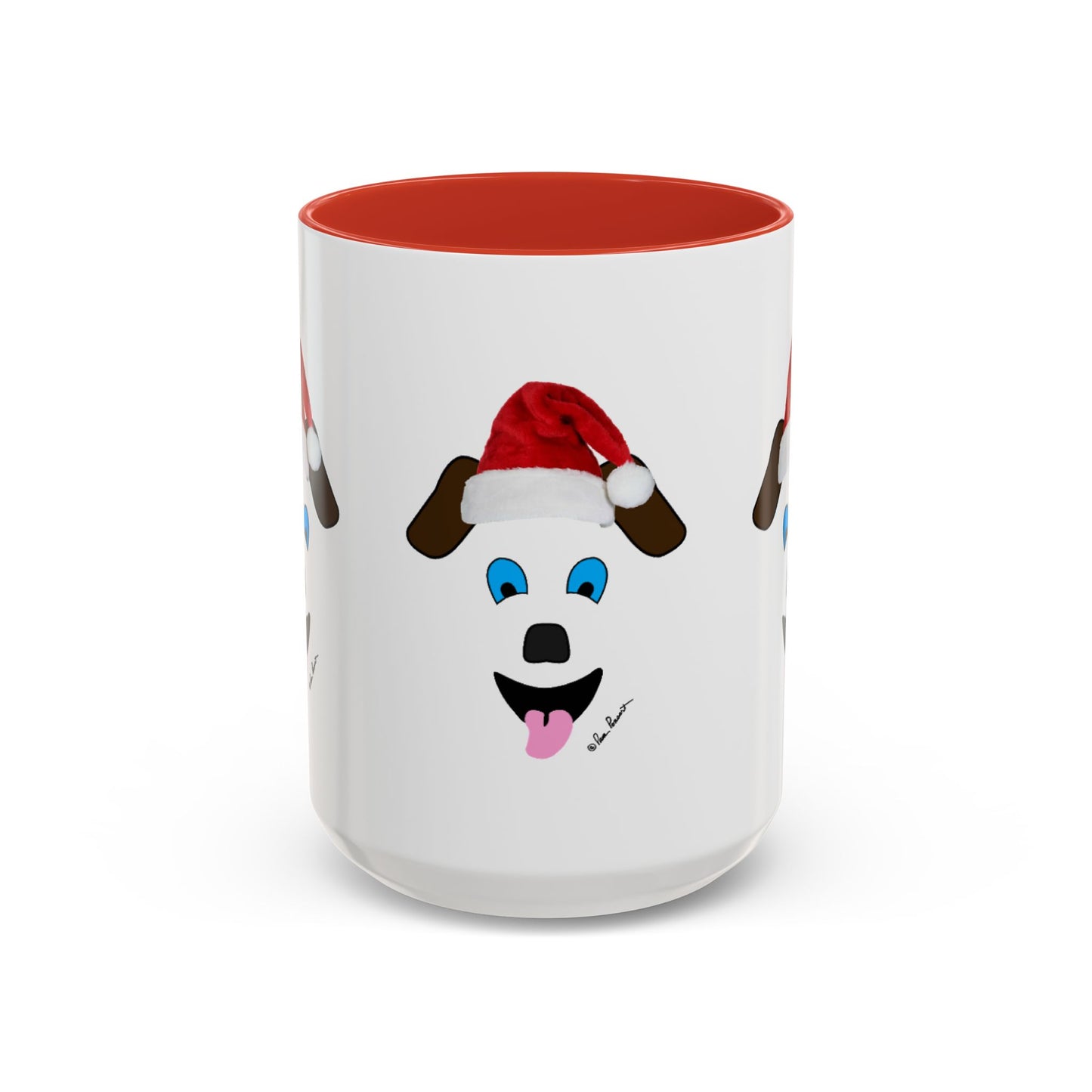 The Festive Dog-Face Coffee Mug by Printify showcases a charming cartoon dog in a Santa hat, making it an ideal gift for dog enthusiasts. With its red interior, this ceramic mug adds a festive touch to your holiday mornings and is available in two sizes.