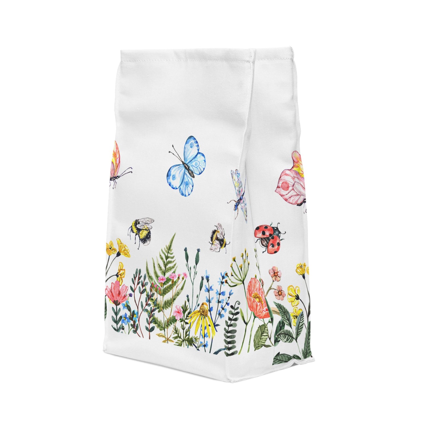 The Polyester Lunch Bag - Nature's Garden design by Printify features colorful illustrations of butterflies, bees, ladybugs, and flowers—an ideal companion for Outdoor Adventures Accessory.