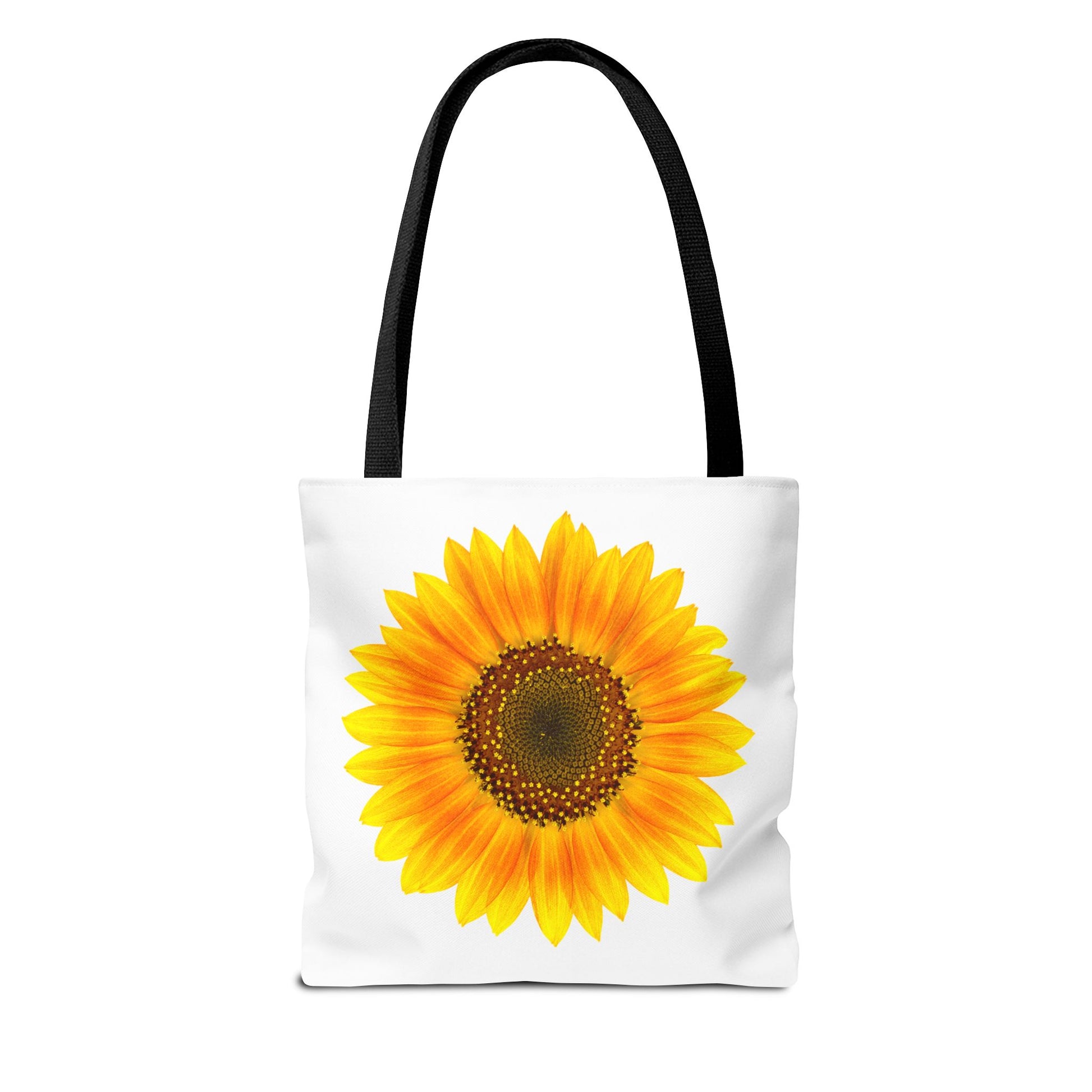 Part of Printify's Sunflower Tote Bags collection, this polyester tote features a large sunflower design with green leaves and black handles, offering a vibrant and sunny touch to any outfit. Available in 3 sizes with a 2-sided print.