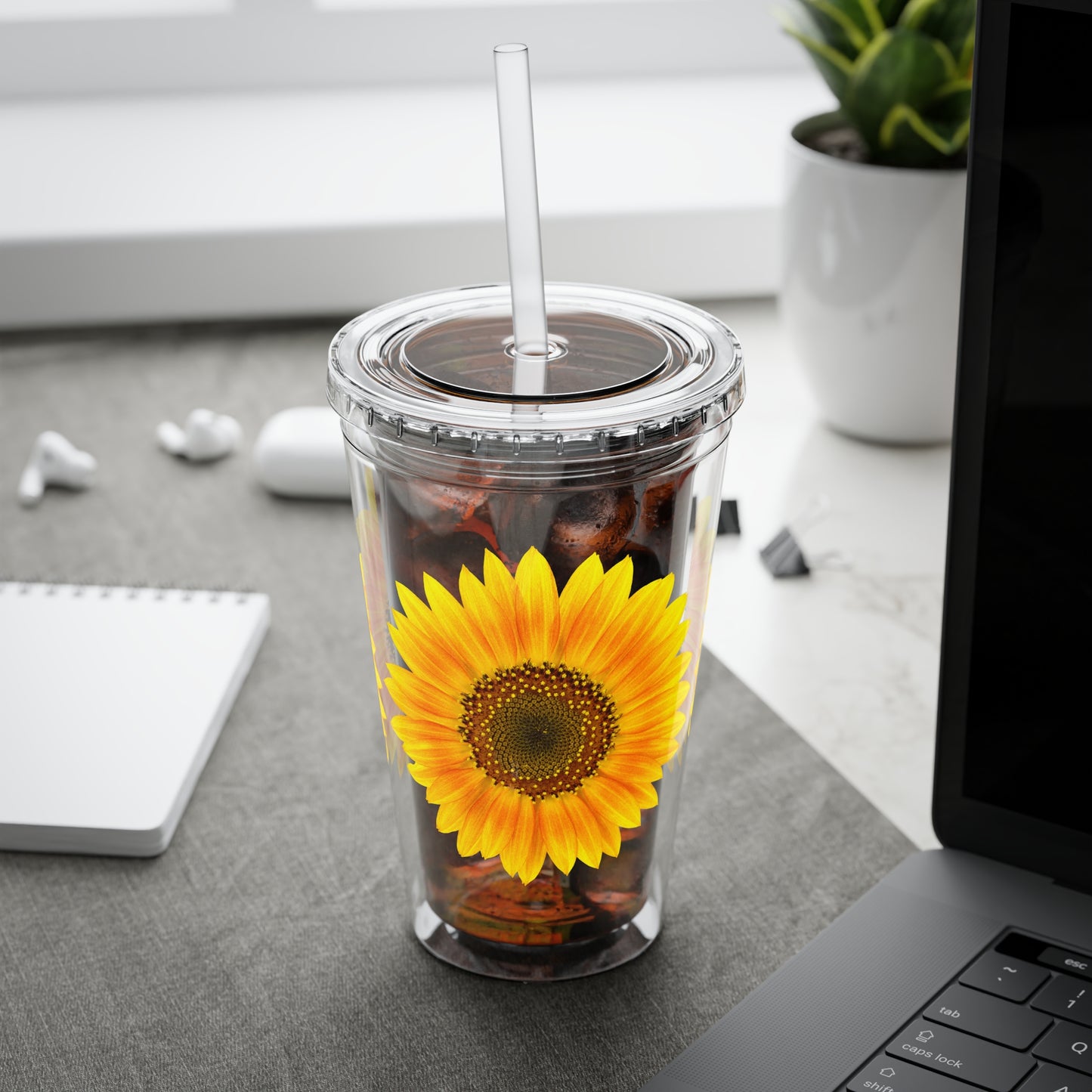 A Printify Golden Sunflower Tumbler: 16 oz.; With straw & lid; Acrylic