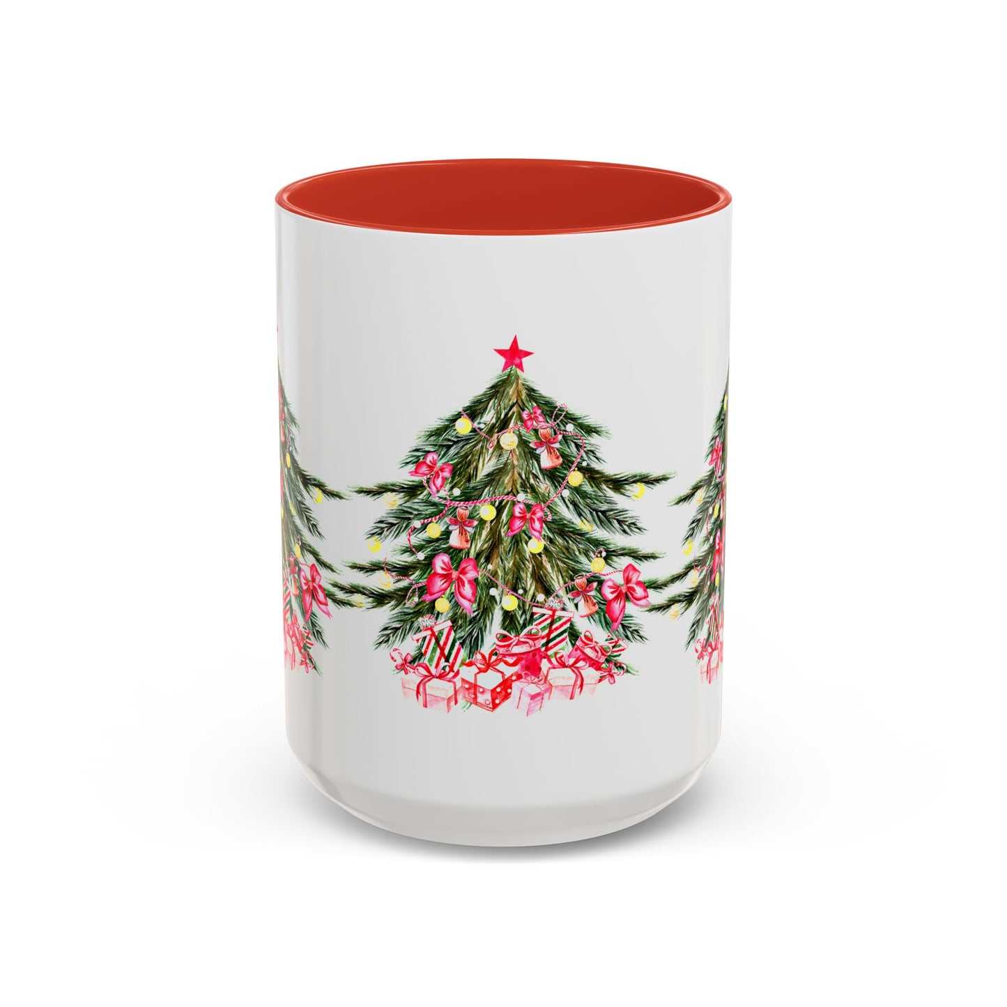The Festive Christmas-Tree Coffee Mug by Printify, available in 11 oz. and 15 oz. ceramic sizes, features a white exterior with a red interior, decorated with holiday trees embellished with pink ornaments and gift boxes—ideal for brightening up your festive mornings.