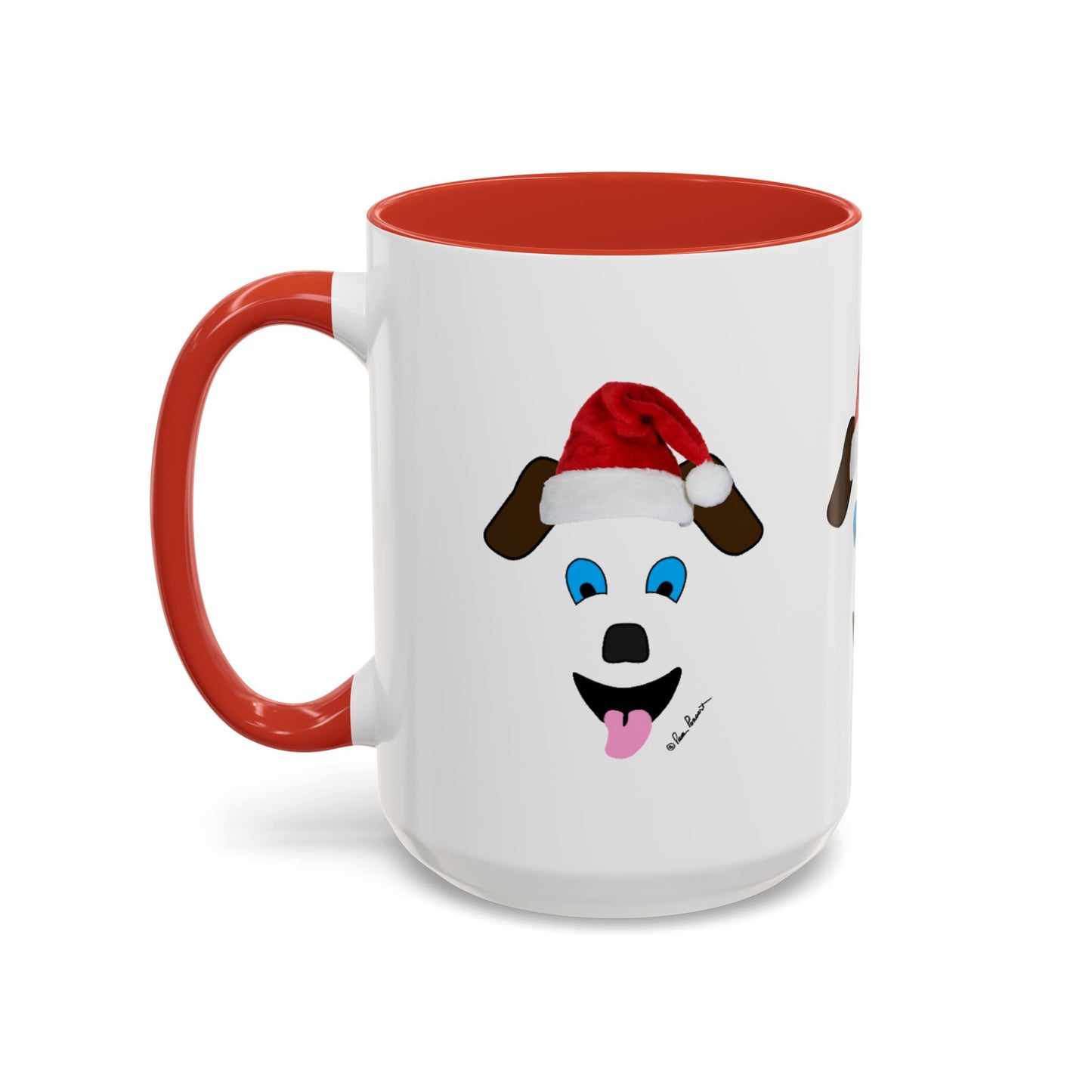 This Festive Dog-Face Coffee-Mug by Printify, crafted from ceramic and available in 2 sizes, features a delightful Santa dog cartoon on a white exterior with a red handle and interior, making it an ideal gift for dog lovers.