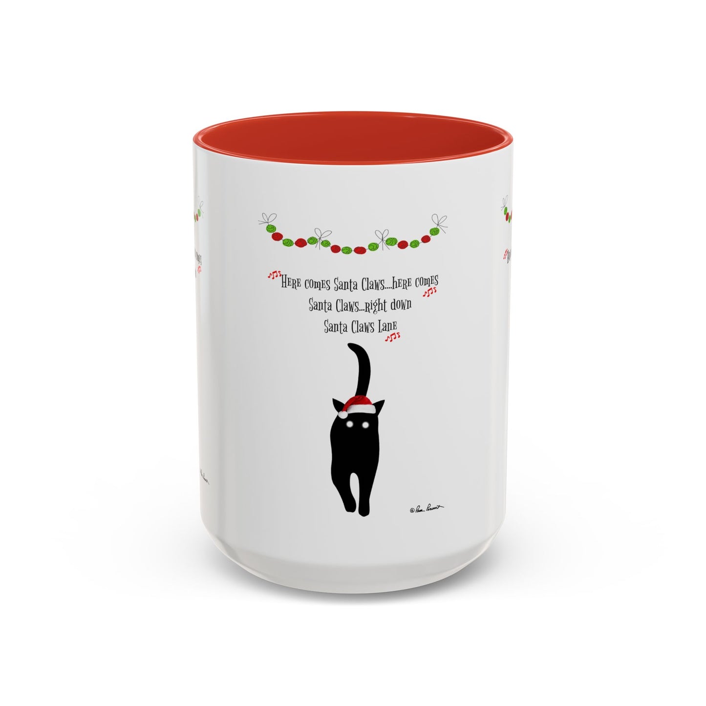 The Festive-Cat Accent Coffee Mug by Printify features a black cat in a Santa hat with "Here comes Santa Claus..."—a white ceramic holiday mug with red interior, perfect holiday gift for cat lovers.