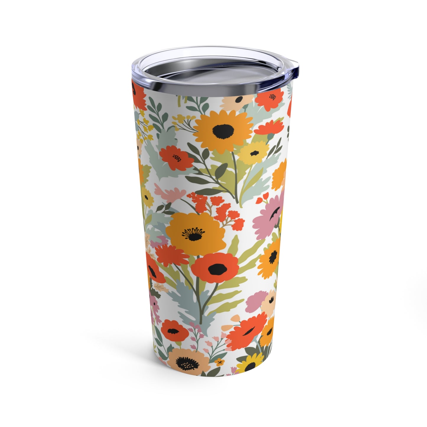 Replace with: A colorful Printify Summer Flowers Tumbler: 20 oz.; Stainless steel; Insulated.