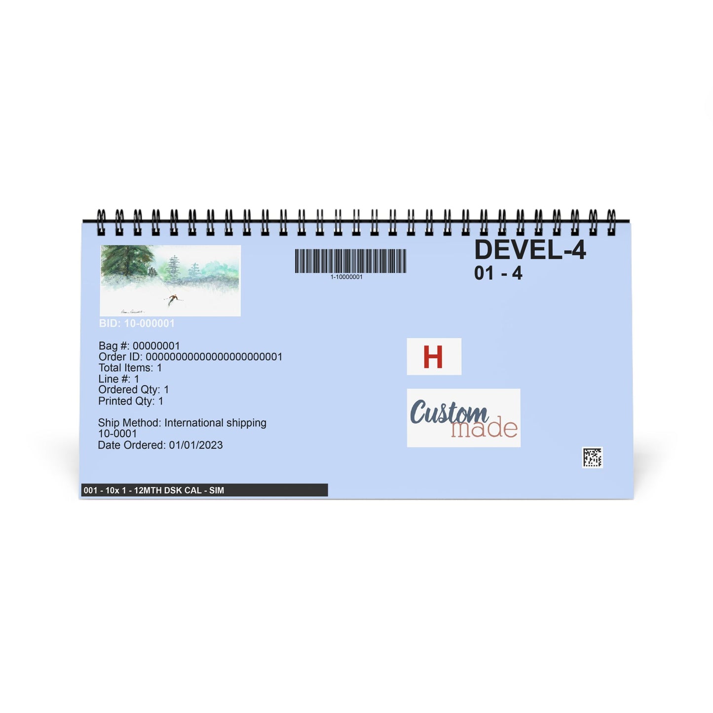 A spiral-bound 2025 desktop calendar by Printify, featuring assorted watercolor reproductions by Pam Ponsart, complete with barcodes, item details, and a "Custom Made" logo in blue.