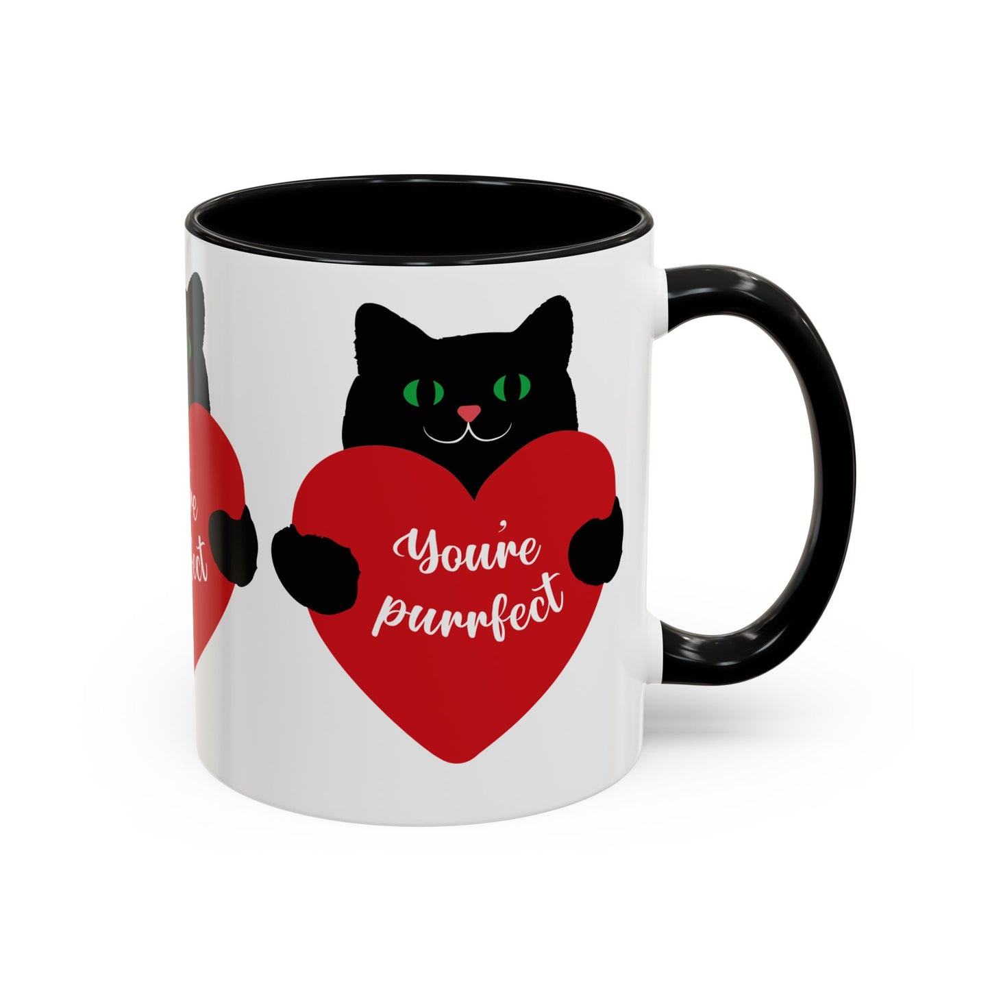 Meet the Purrfect Love Cat-Mug by Printify, available in 2 colors and sizes. This charming ceramic mug features a black cat holding a red heart with the whimsical message "You're purrfect," making it an ideal gift for any cat lover.