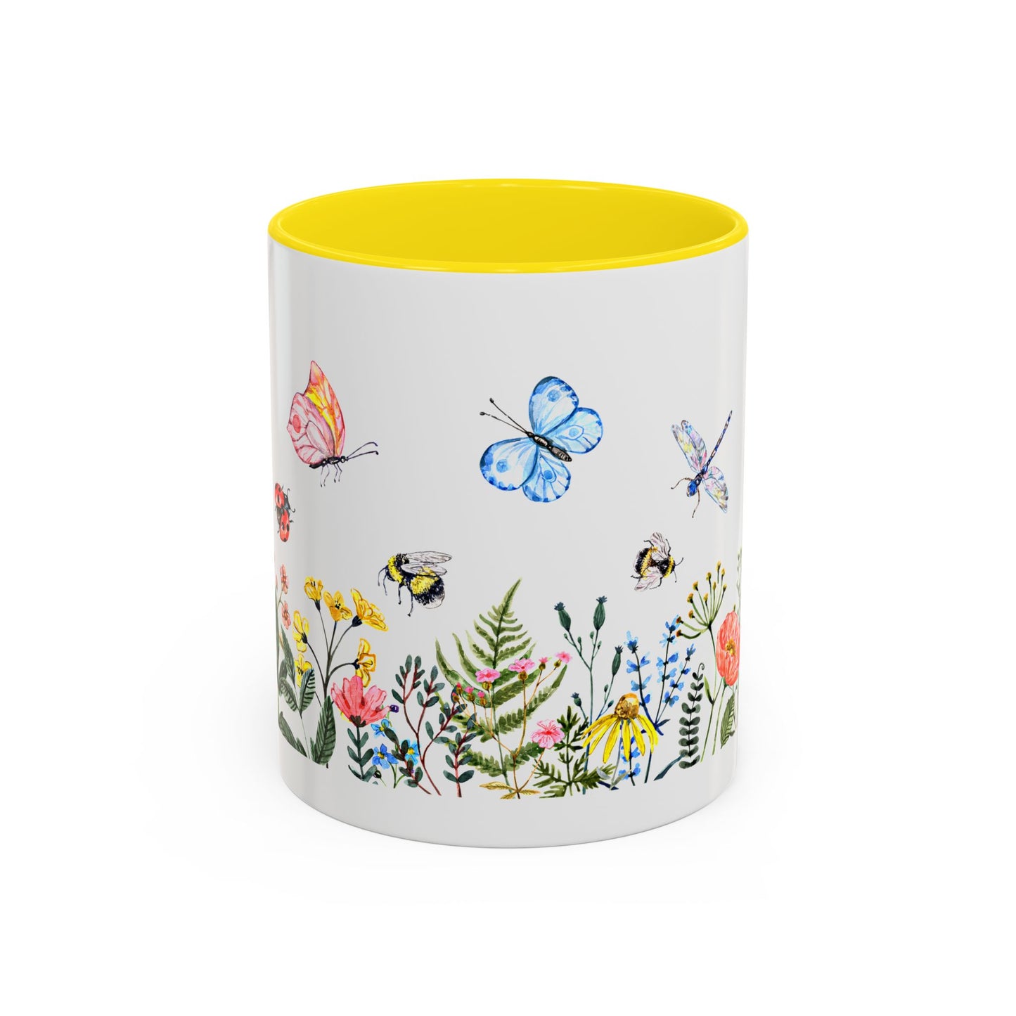 Introducing Printify's Colorful Spring Garden Mug: an 11 oz. ceramic, AOP design mug with a white exterior and vibrant yellow interior, featuring butterflies, bees, flowers, and greenery—ideal for garden enthusiasts who love colorful daily sips.