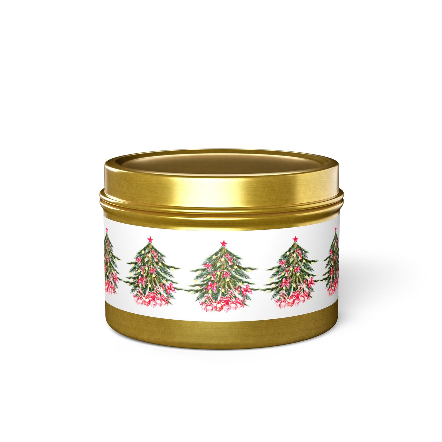 From Printify's festive collection, the Evergreen-scented Christmas tin-candle is crafted with eco-friendly coconut soy wax and housed in a reusable gold tin. It features a white label adorned with a pattern of decorated Christmas trees.