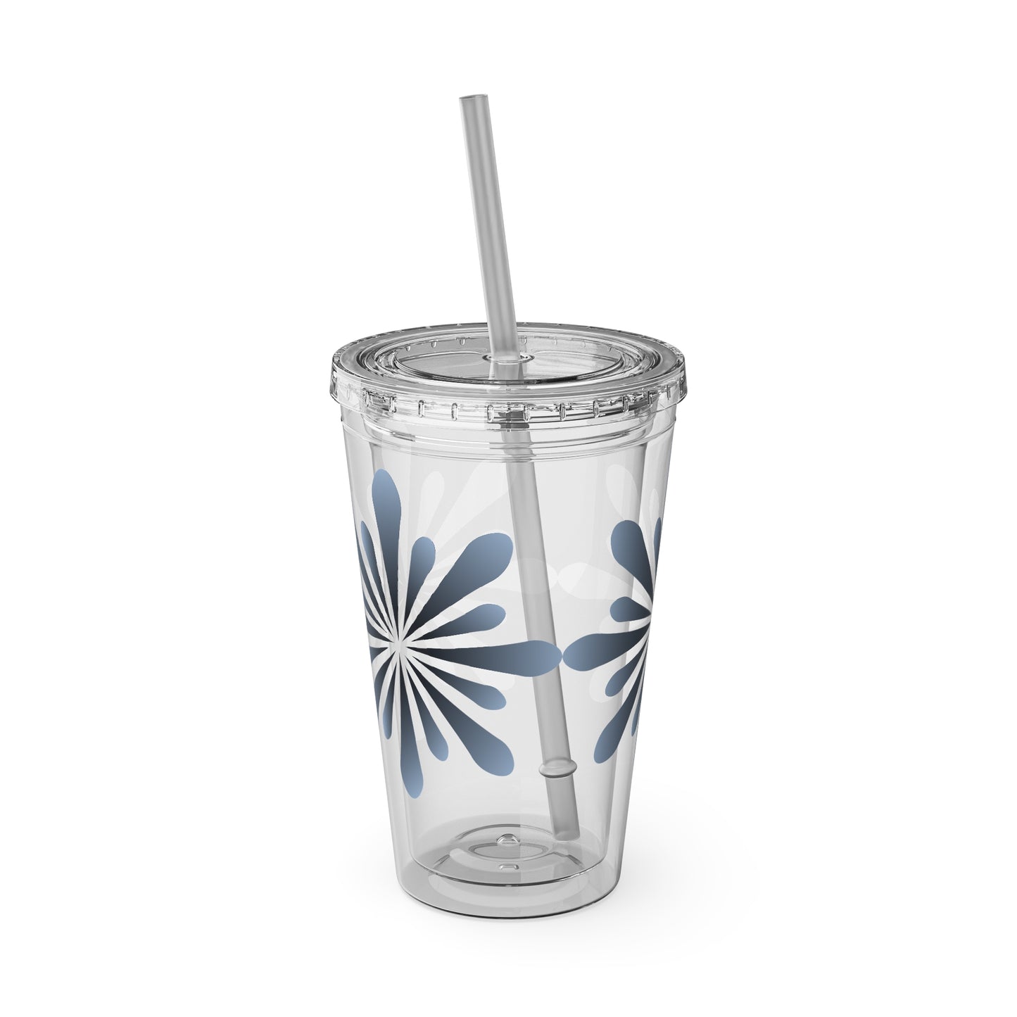 A crack-resistant, clear Printify Blue Star-burst Tumbler; 16 oz.; With Straw & Lid; Acrylic.