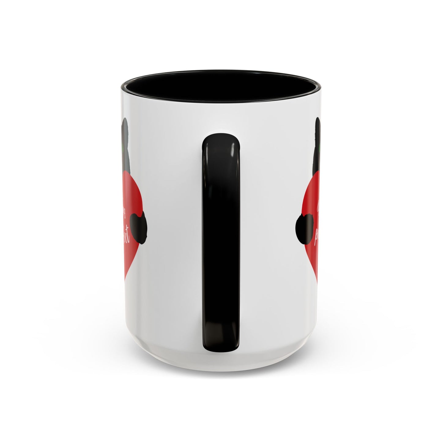 The Purrfect Love Cat-Mug by Printify, available in two colors and sizes, is a cute ceramic mug featuring a vibrant red circular motif with partial black text—a delightful gift for cat lovers.