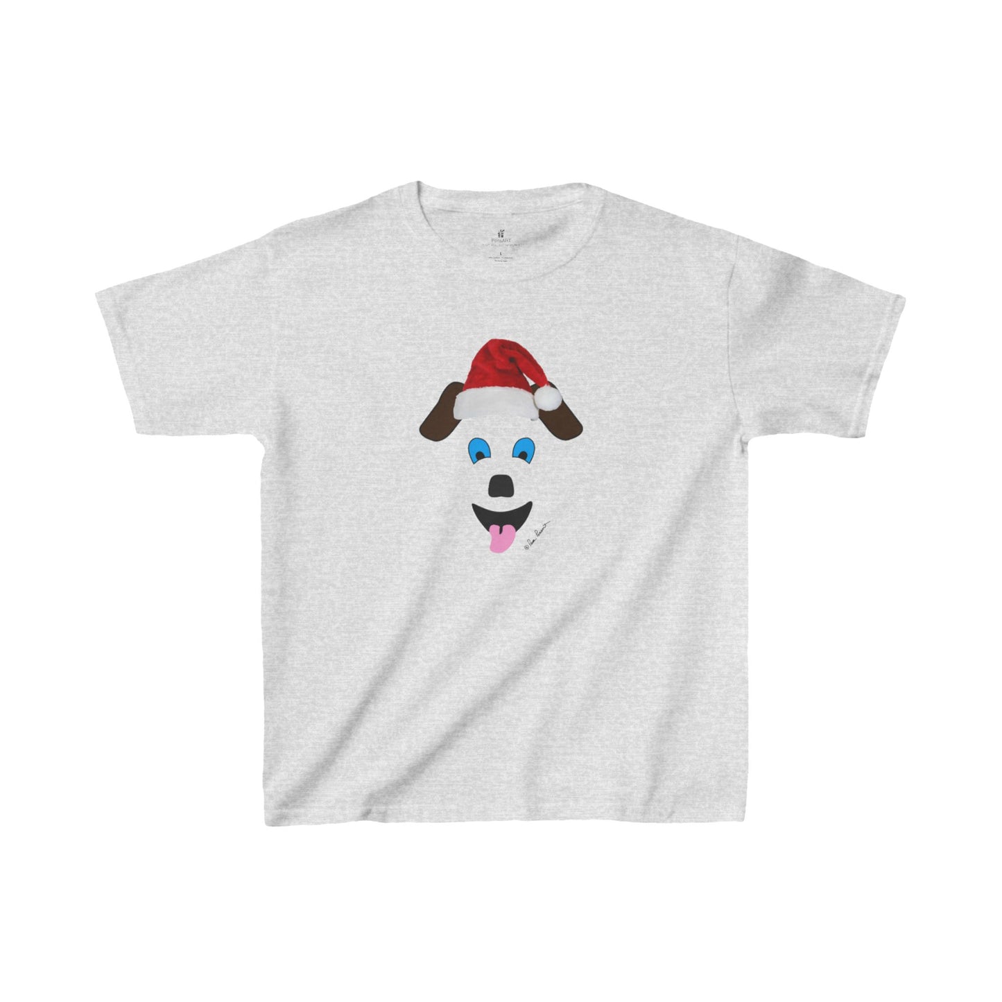 The Festive Santa-Dog Kids T-shirt from Printify features an adorable cartoon dog face with blue eyes and a cheeky tongue out, all adorned with a cheerful Santa hat. Made from Gildan's Heavy Cotton™ for maximum comfort, this unisex holiday design is sure to delight your child during the festive season.