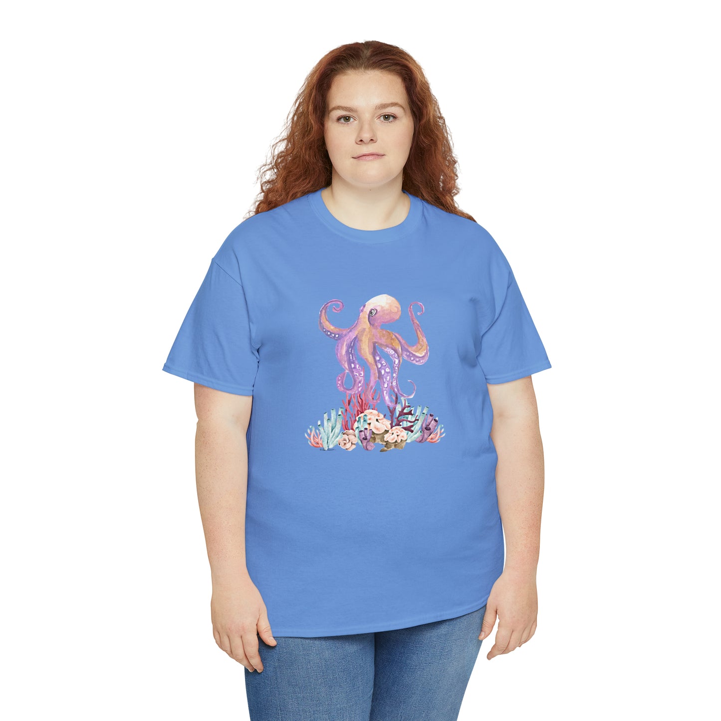 Mock up of a plus-size woman wearing the Carolina Blue shirt