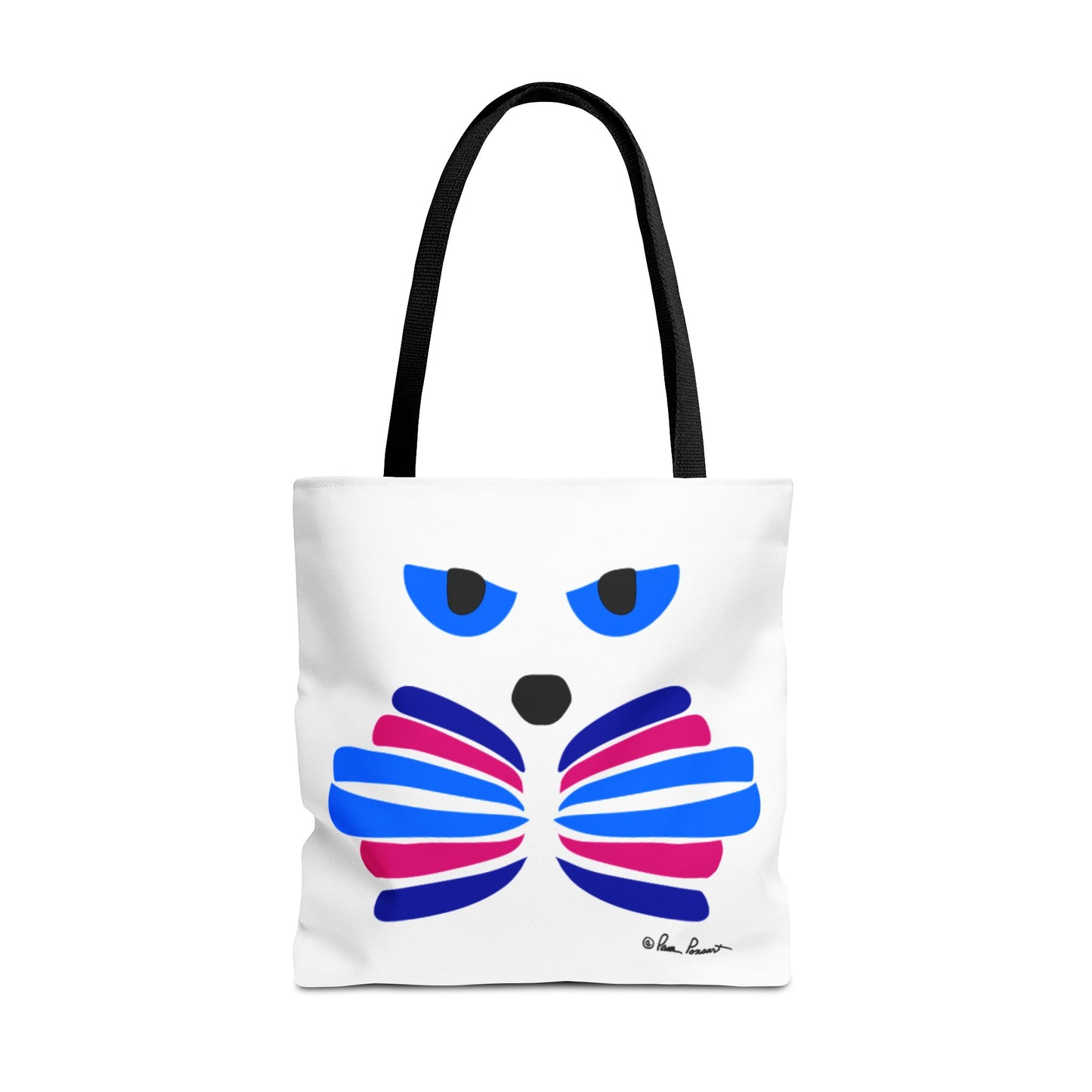 Introducing the Printify Cat-Face Tote Bag, perfect for cat lovers. Available in three sizes, this polyester tote features a two-sided print of a stylized face with blue eyes and a vibrant wing-like pattern on white. It's both stylish and durable for everyday use.