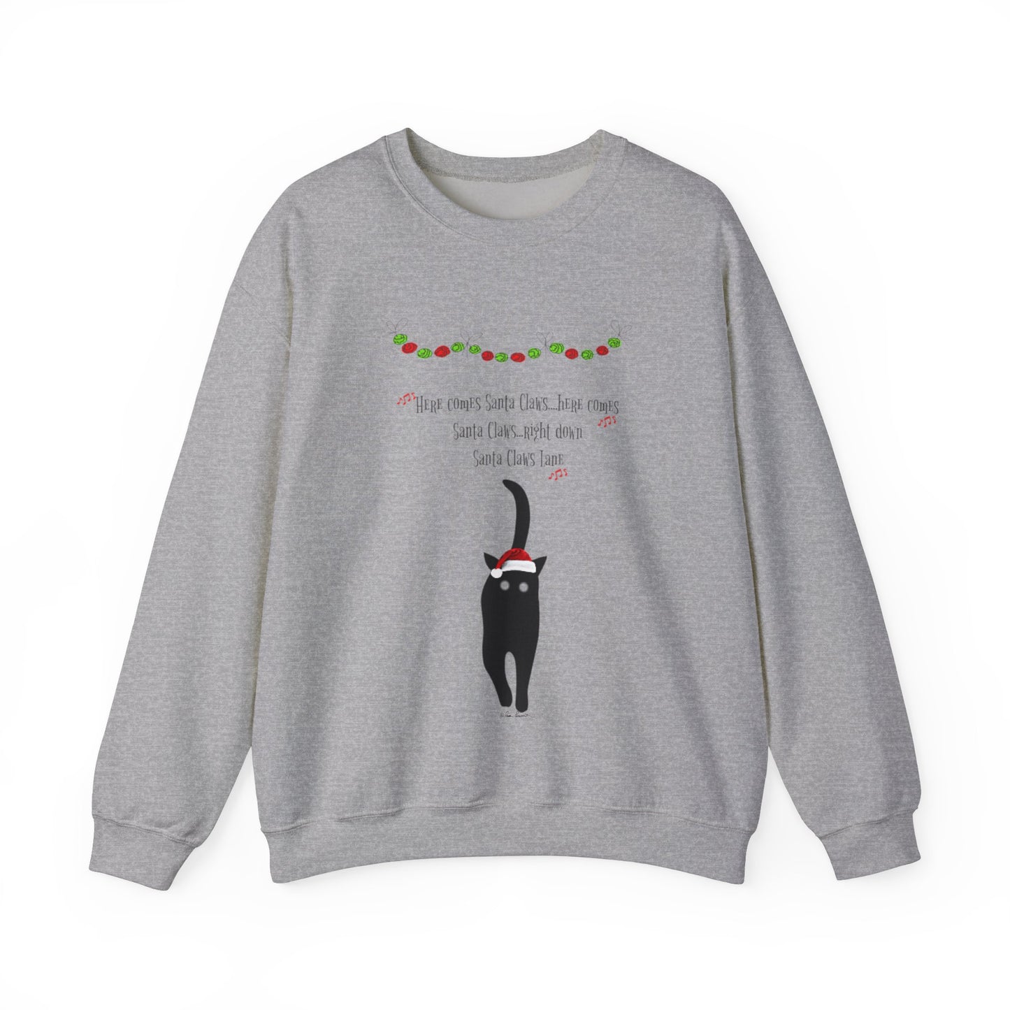 Celebrate the holiday season with the Santa Claws Sweatshirt from Printify, a medium-heavy fabric piece in gray. Featuring a charming black cat adorned with a Santa hat and ornaments, along with playful "Santa Claws" text, this unisex Gildan sweatshirt is perfect for cozy and festive feline cheer! Available in three colors.