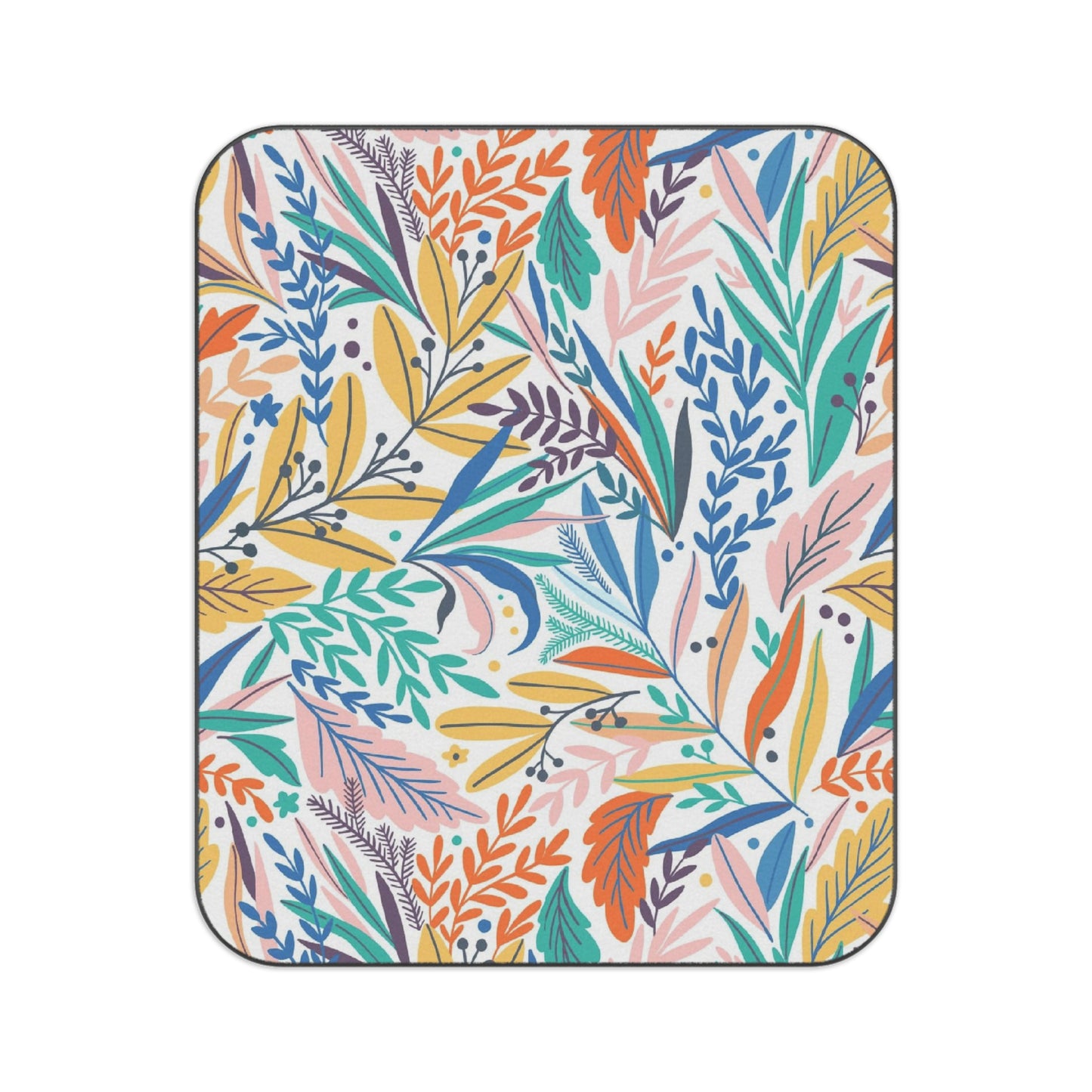 Printify's Portable Picnic Blanket combines a vibrant pattern of blue, yellow, orange, and green leaves on white with water-resistant polyester and fleece for durability and convenience at outdoor gatherings. Size: 61" x 51".