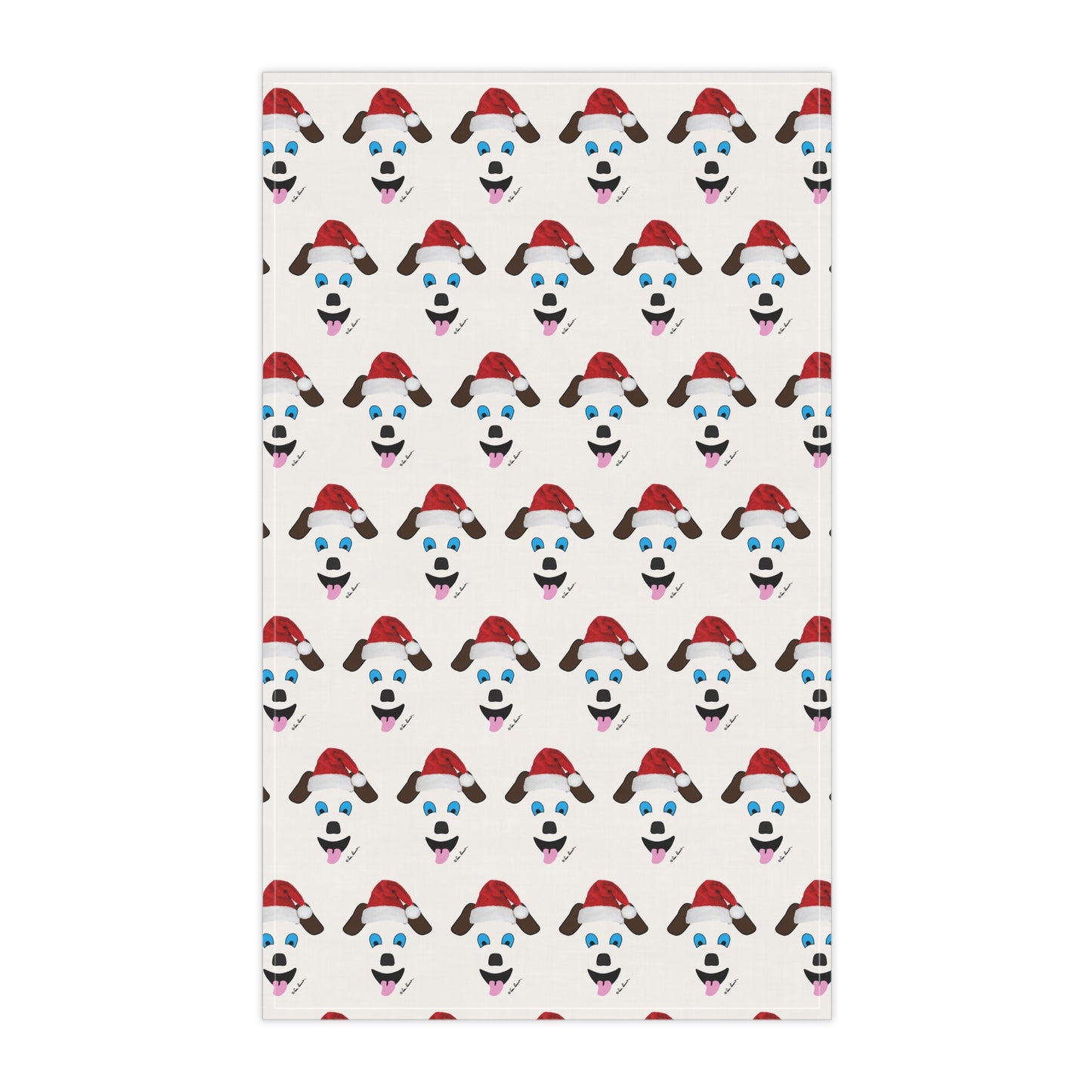 This Printify design, featured in the Festive Santa-Dog Kitchen Towels collection, showcases an adorable pattern of cartoon dog faces wearing Santa hats against a crisp white background. Ideal for holiday gatherings, it brings a whimsical and festive charm to any setting.