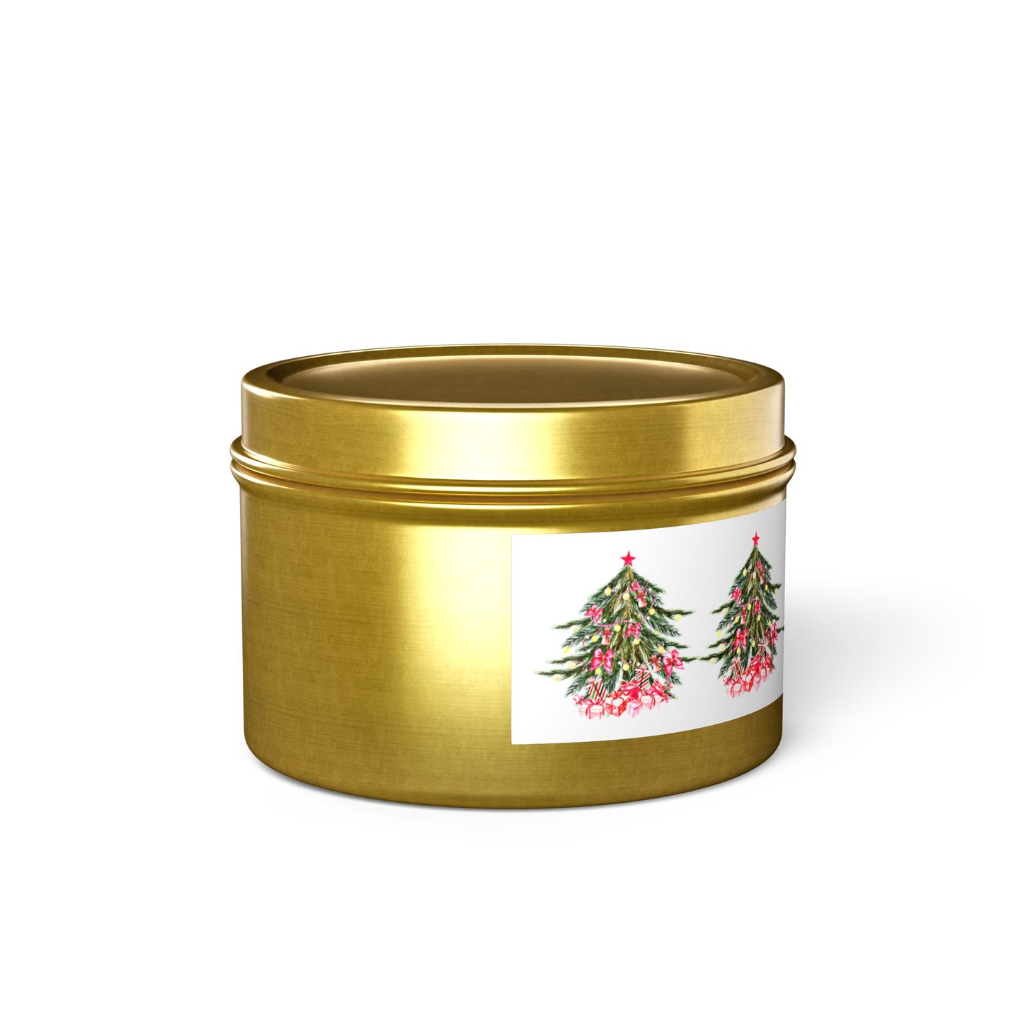 Discover the Printify Festive Christmas Tin-Candles, available in two sizes and featuring an enchanting Evergreen scent. Housed in a reusable gold tin vessel, these candles come adorned with a label depicting two illustrated Christmas trees decorated with ornaments and stars. They are crafted from eco-friendly coconut soy wax, making them both charming and sustainable.