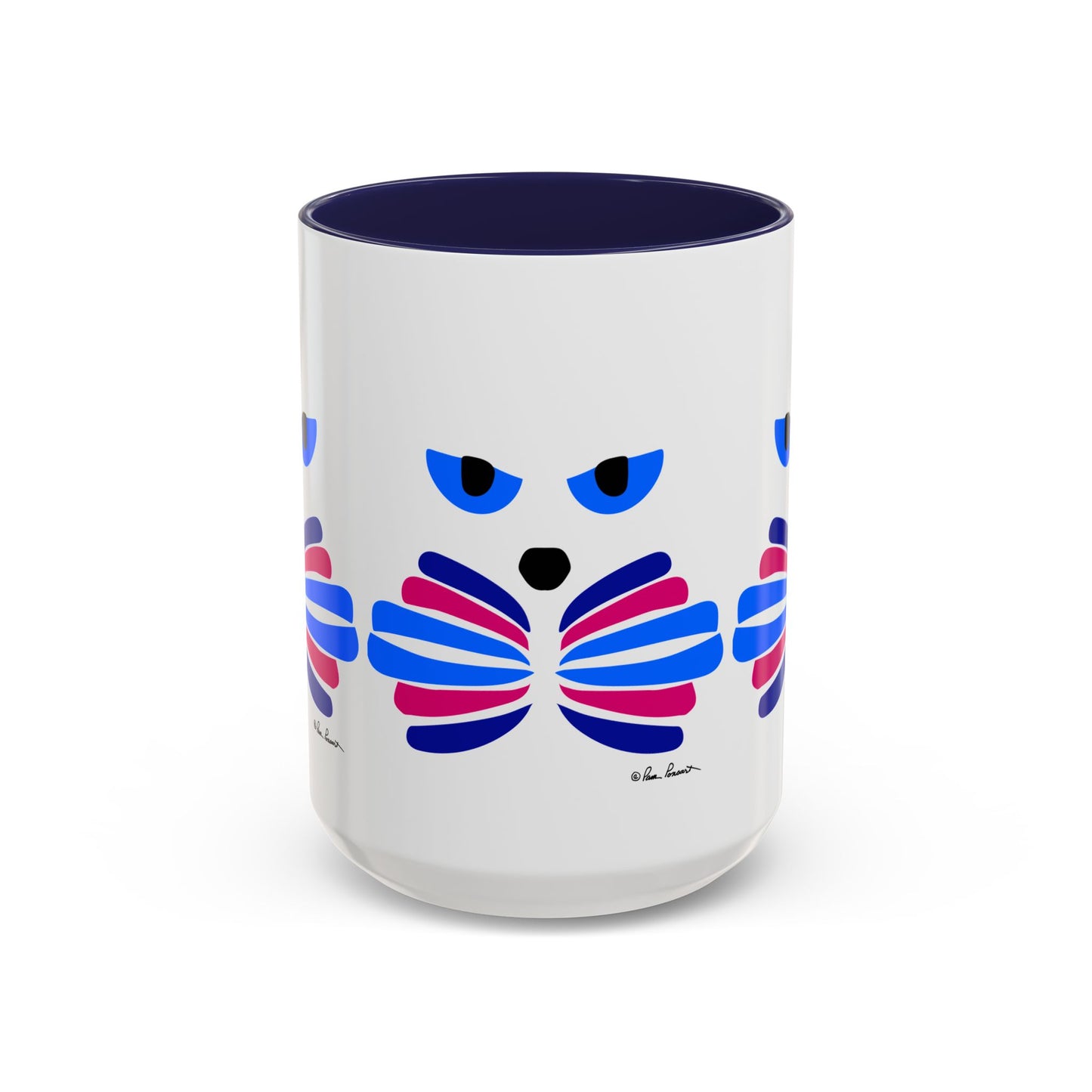 The Cat-Face Coffee Mug by Printify, available in two sizes and crafted from ceramic, is an ideal gift for cat lovers. It boasts a white base decorated with abstract cat faces in lively blue, purple, and pink hues—a true testament to your Catitude!
