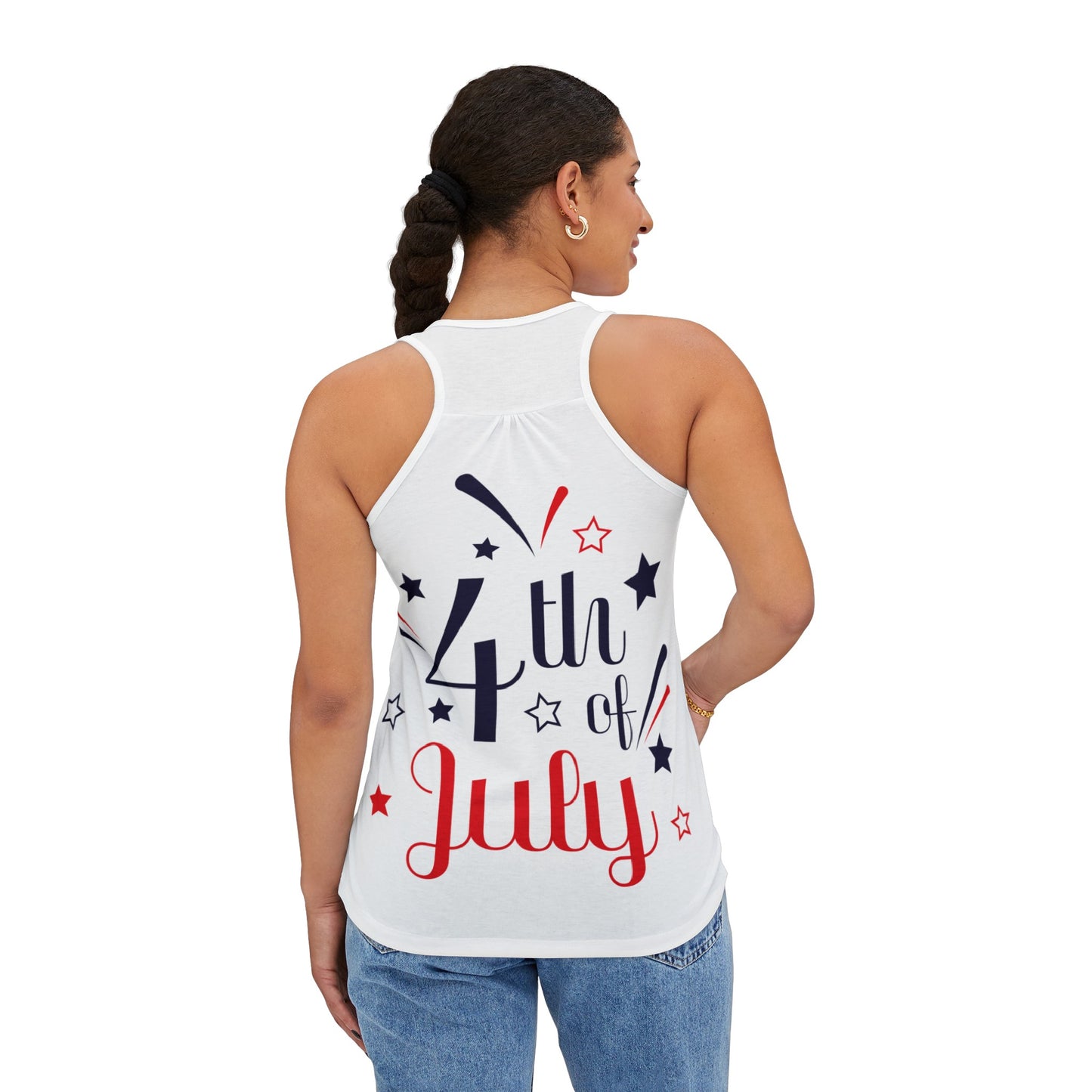 A woman stands with her back to the camera, showcasing a "4th of July Tank-top: Women's; Festive; Polyester blend" adorned with star designs. The white tank top proudly displays "Assembled in the USA" underneath the festive lettering. This stylish item is brought to you by Printify.