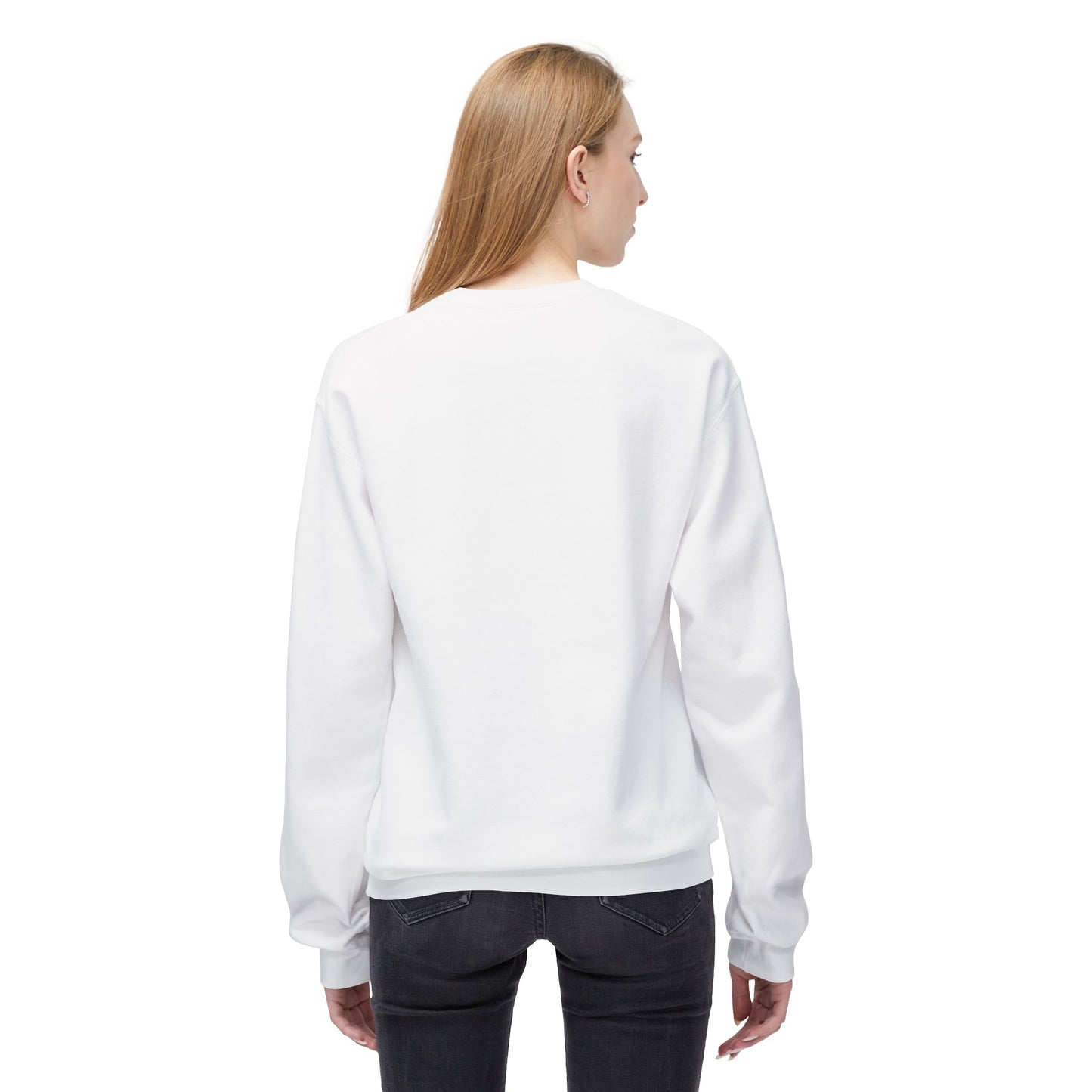 A person with long blonde hair wears the Printify Snowman Holiday Crewneck Sweatshirt featuring a cute winter design and dark jeans, standing facing away from the camera against a white background.