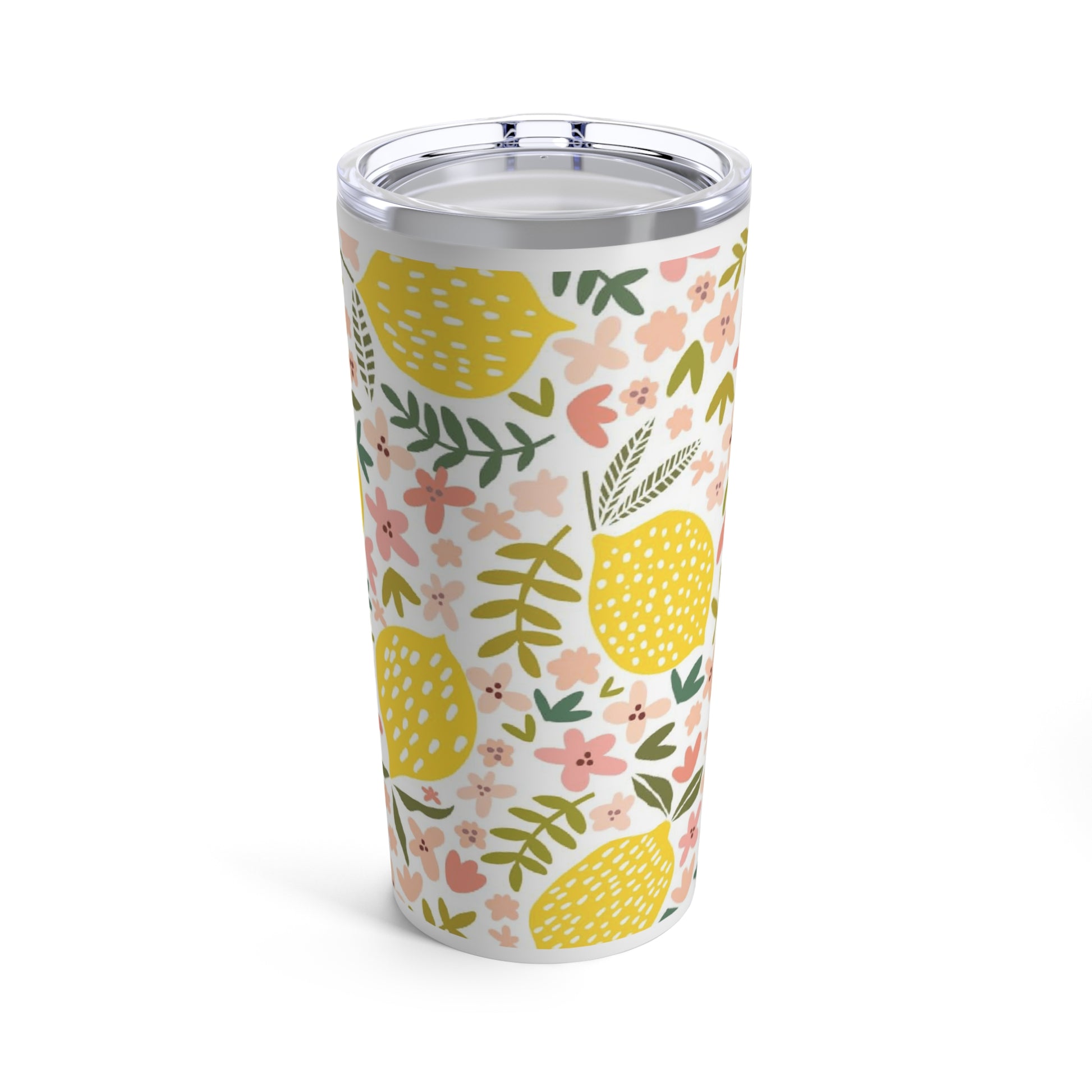 A Printify Pink Lemon Tumbler with a floral pattern and lemons on it, featuring stainless steel construction.