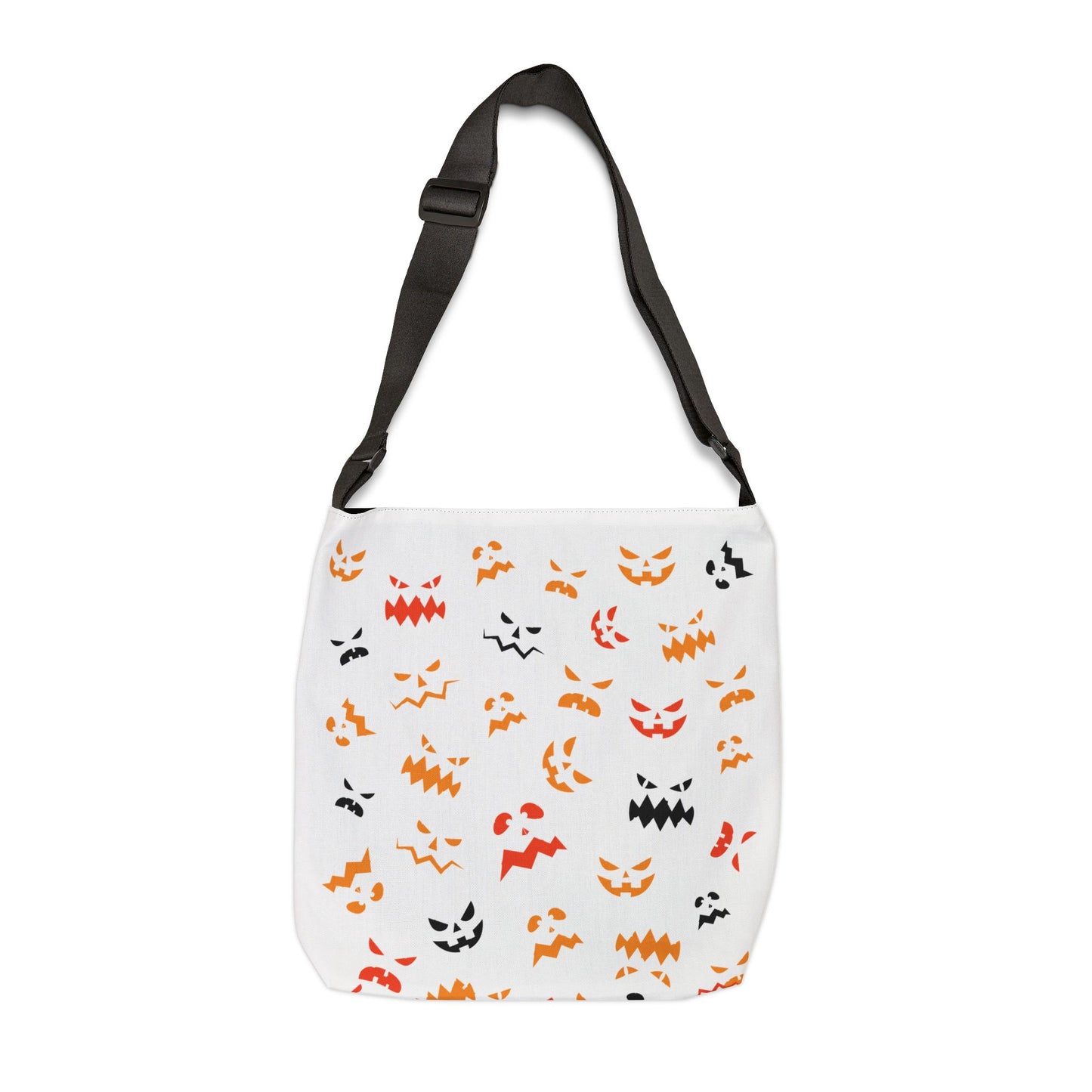 The Printify Halloween Adjustable Tote Bag: Spooky Trick or Treat sack features a black adjustable strap and vibrant orange, black, and red pumpkin faces printed on the front.