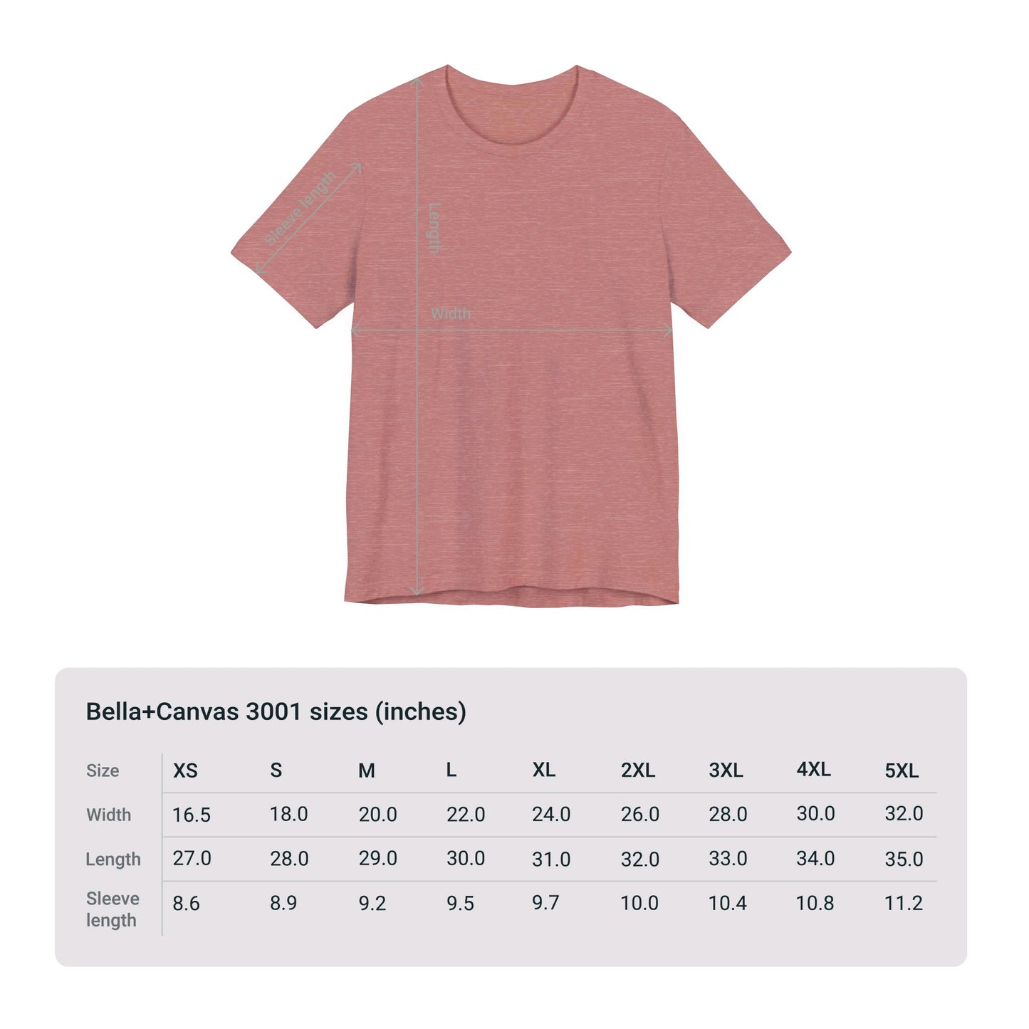 Image of a red Voting Women's T-shirt by Printify (Unisex; Cotton Jersey; Bella+Canvas), made from 100% Airlume combed and ringspun cotton, with a sizing chart in inches beneath it that details the dimensions for sizes XS to 5XL in width, length, and sleeve length.