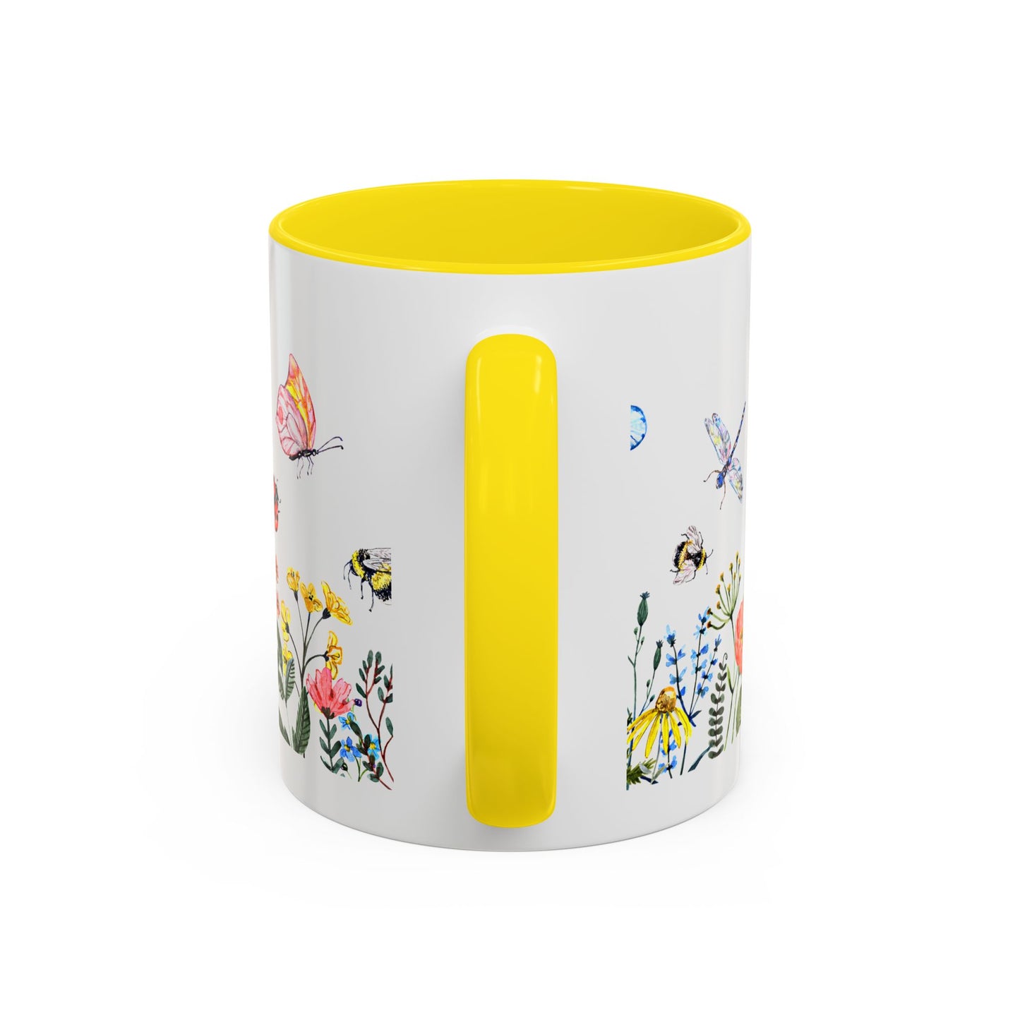 Discover the Colorful Spring Garden Mug by Printify: an 11 oz. ceramic mug featuring a white exterior, vibrant yellow interior and handle, adorned with colorful butterfly, bee, and flower illustrations—ideal for garden enthusiasts who love lively designs in daily life.