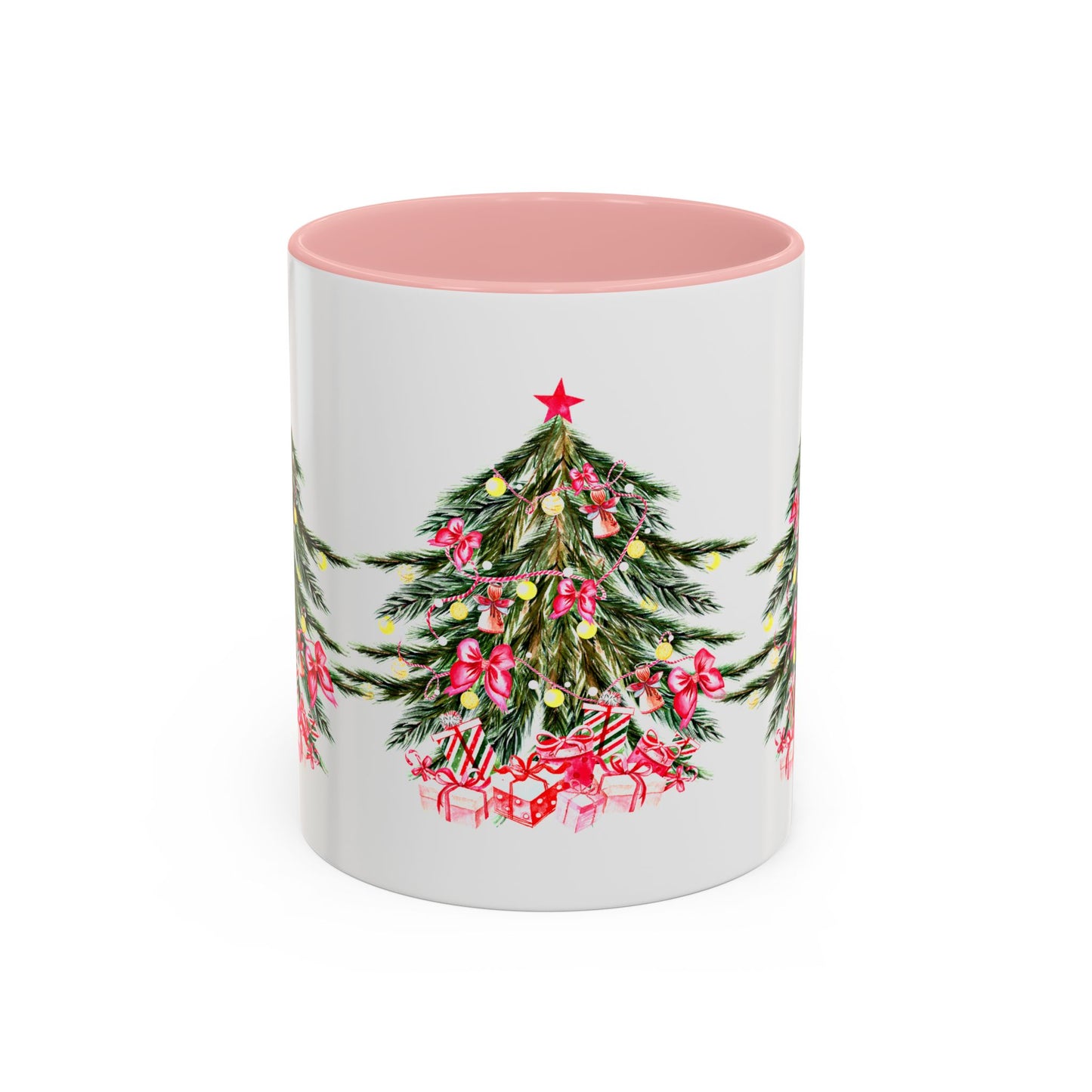 Introducing the Festive Christmas-Tree Coffee-Mug by Printify, available in 11/15 oz.; ceramic. This white mug showcases a pink interior and three joyful holiday trees adorned with red and pink bows, lights, and surrounded by wrapped presents. It's perfect for savoring your favorite brew while capturing the spirit of the season.