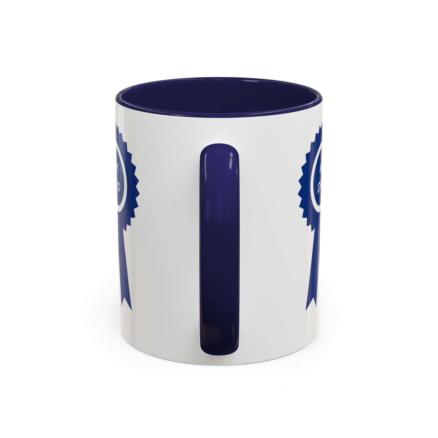 Dad's Special Mug: Unisex; 11 oz, Ceramic; Accented graphics is a white ceramic mug with a dark blue handle and inner surface, featuring blue ribbon designs on either side. This custom mug by Printify is both dishwasher and microwave safe, making it practical for everyday use.