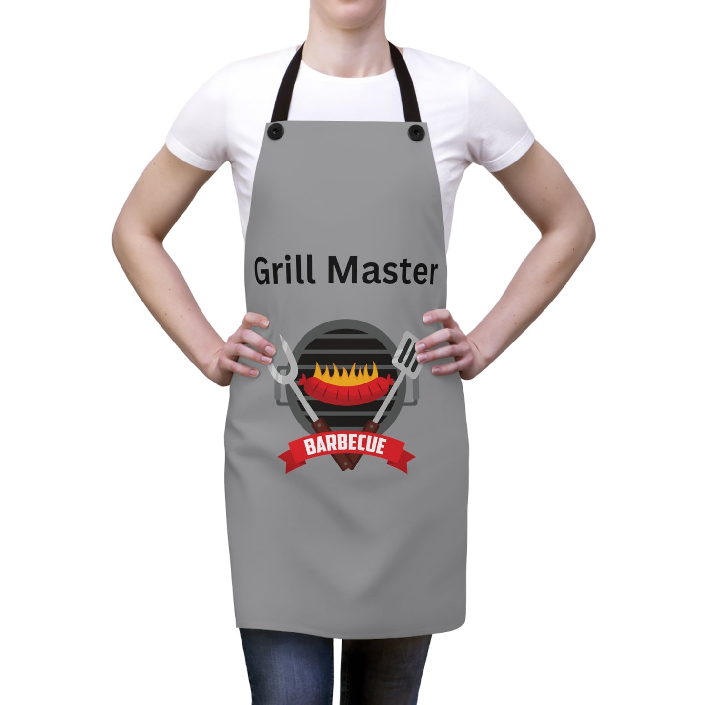 Person wearing a USA-made gray **Grill Master Apron: Unisex; Polyester; Lightweight; Graphics** by **Printify** with the text "Grill Master" and a barbecue graphic printed on it. Makes for the perfect grilling gift!